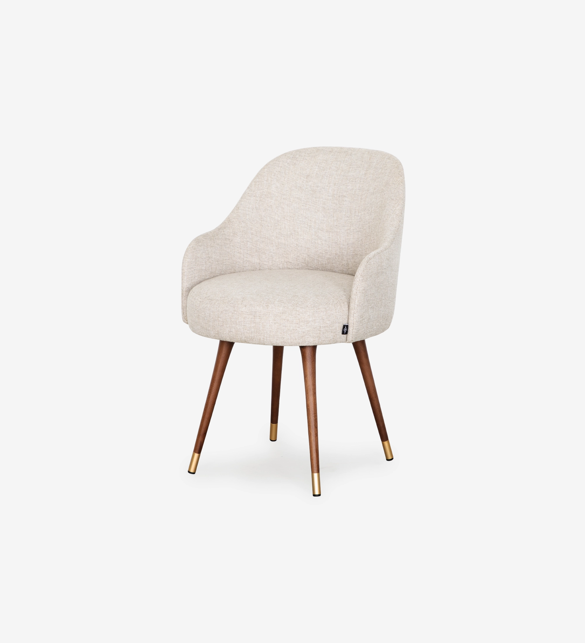 Geneve Chair beige fabric with curved backrest and tapered wood legs with brass caps