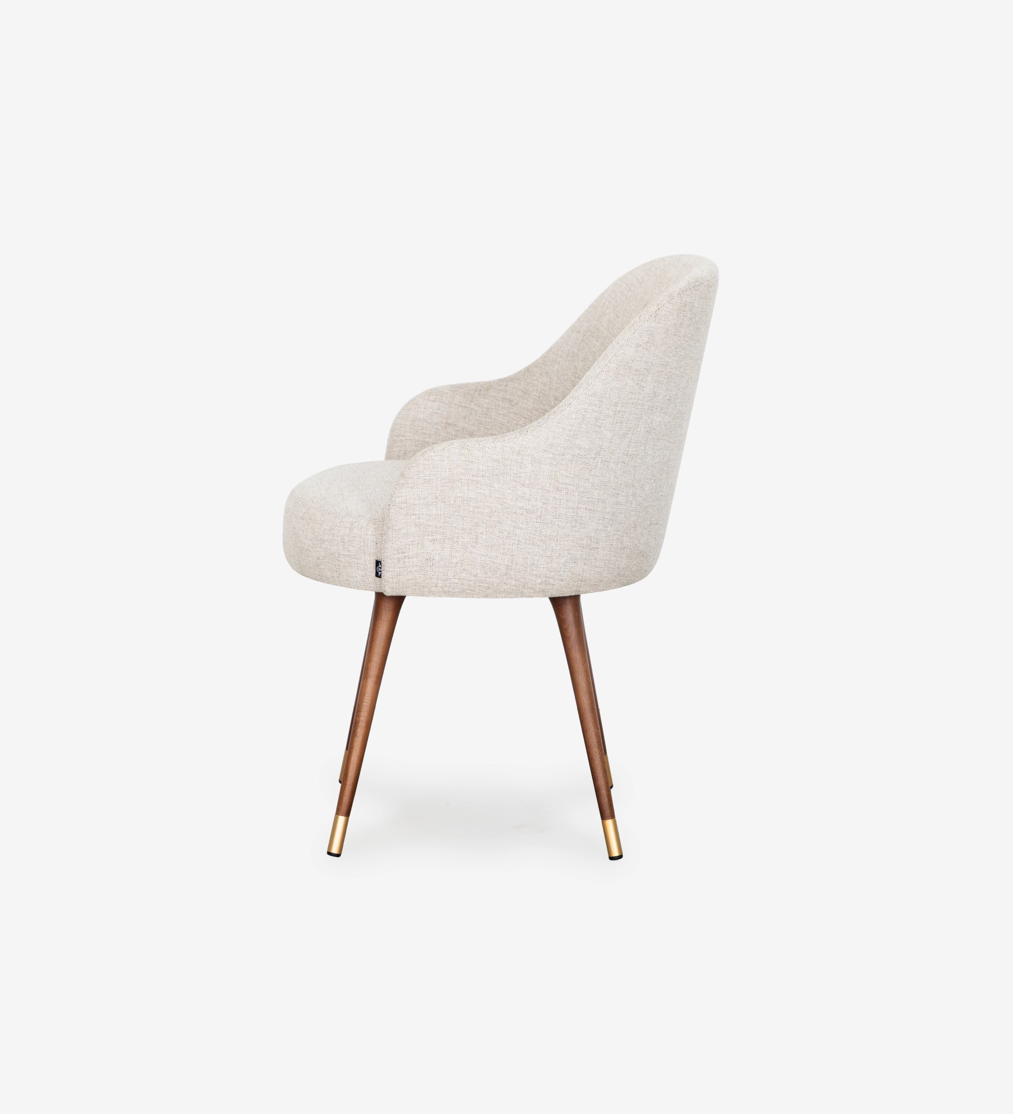 Geneve Chair cream upholstered shell with curved back and walnut tapered legs, side view