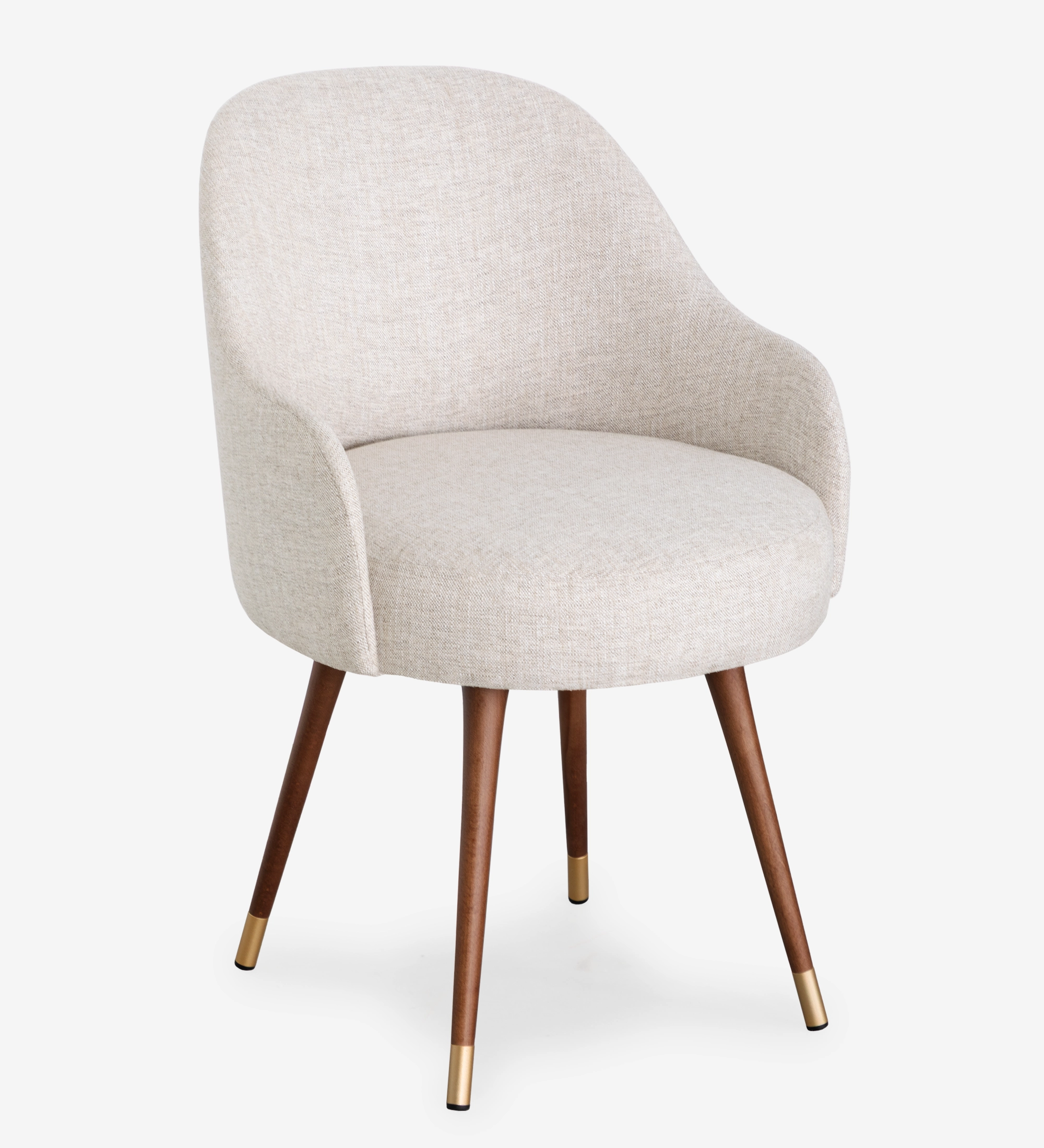 Geneve Chair beige upholstered dining chair with rounded back and walnut legs with brass caps