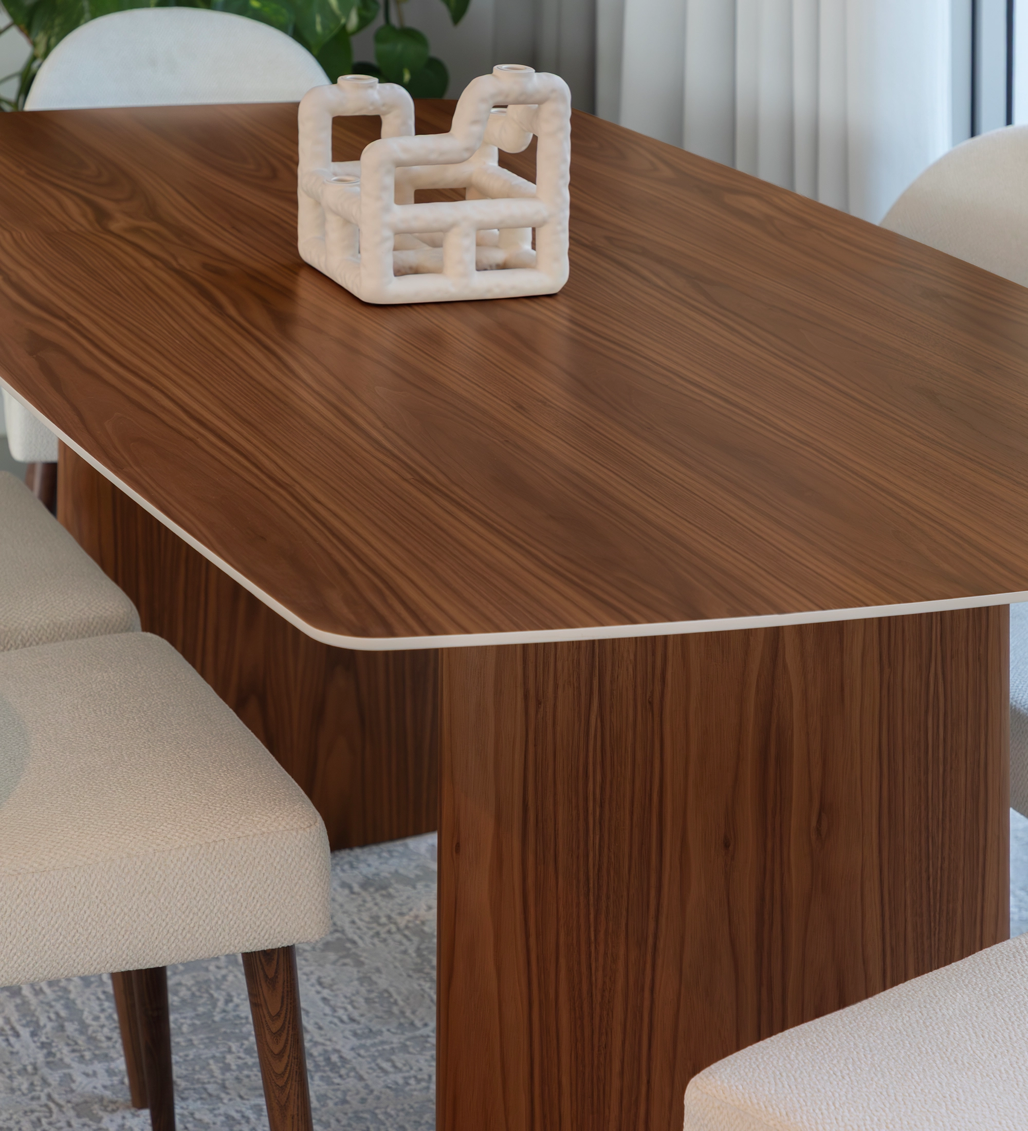 Mesa de Jantar Paris em nogueira com tampo arredondado e centro decorativo branco