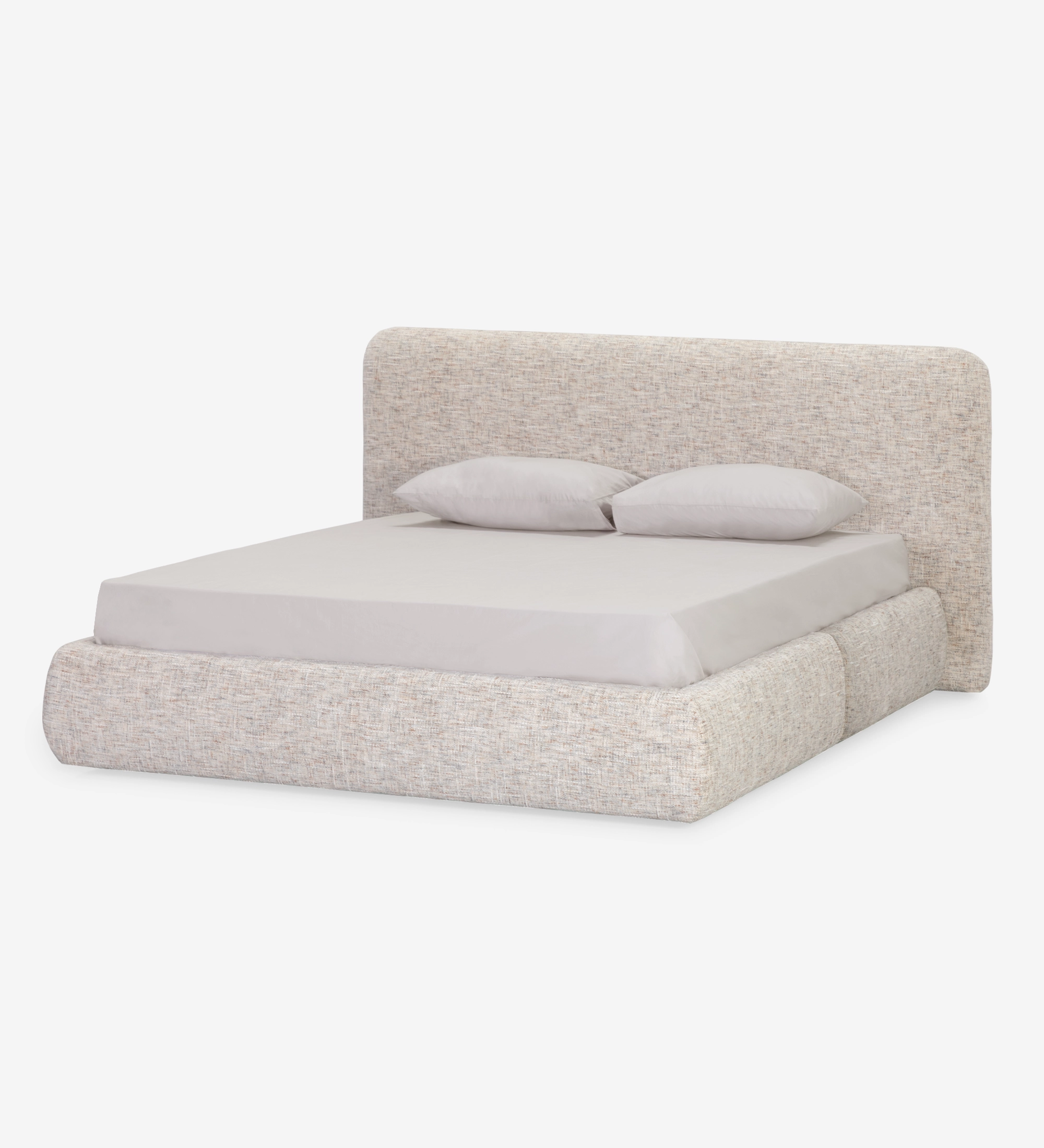 Paris double bed with storage, beige upholstered rounded headboard and grey bedding