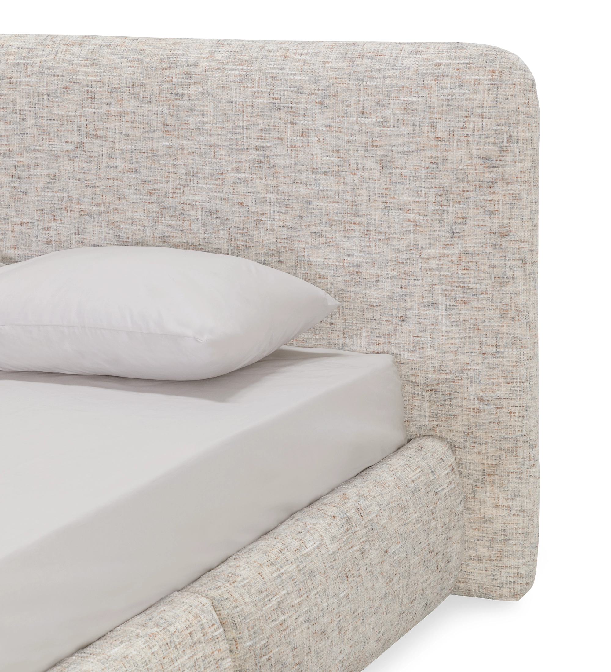 Cama de Casal Paris com cabeceira e estrutura estofadas em tecido bege claro