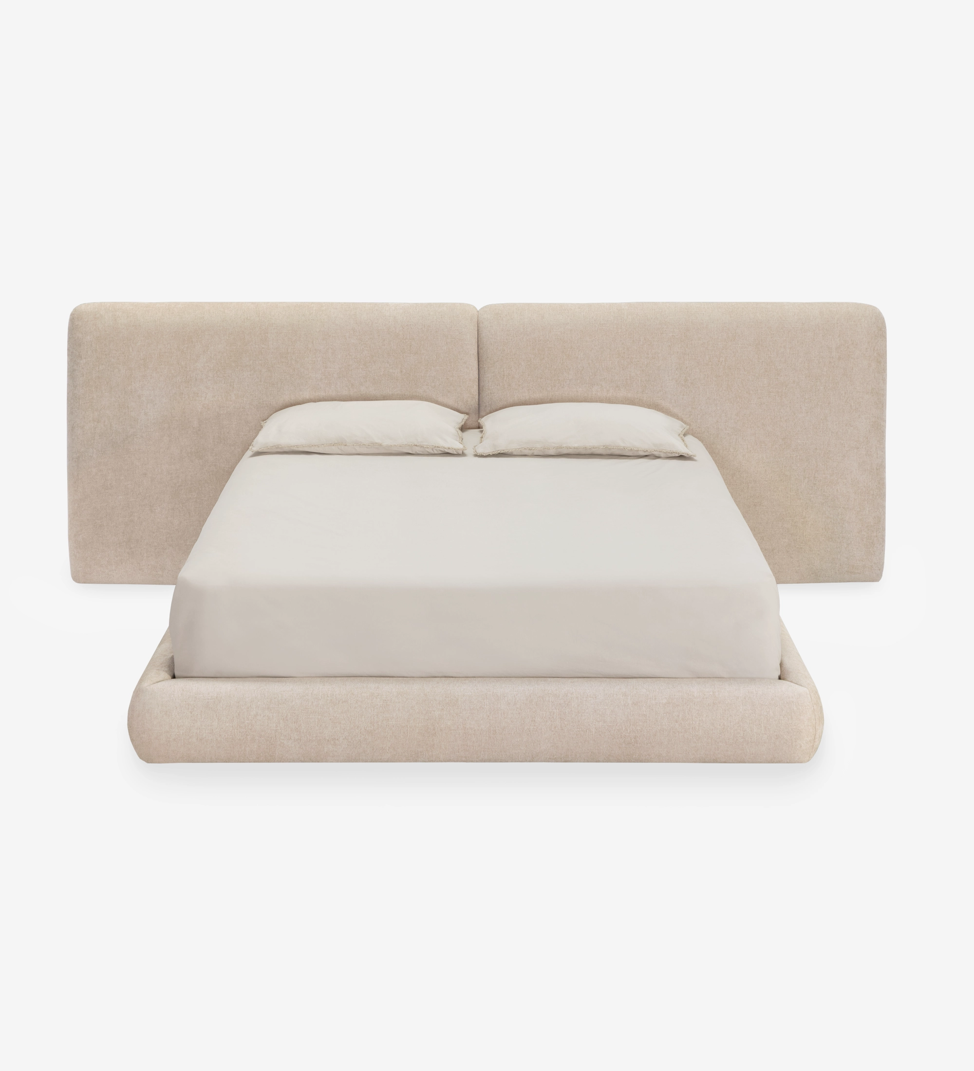 Cama doble beige tapizada con cabecero ancho y base con almacenaje