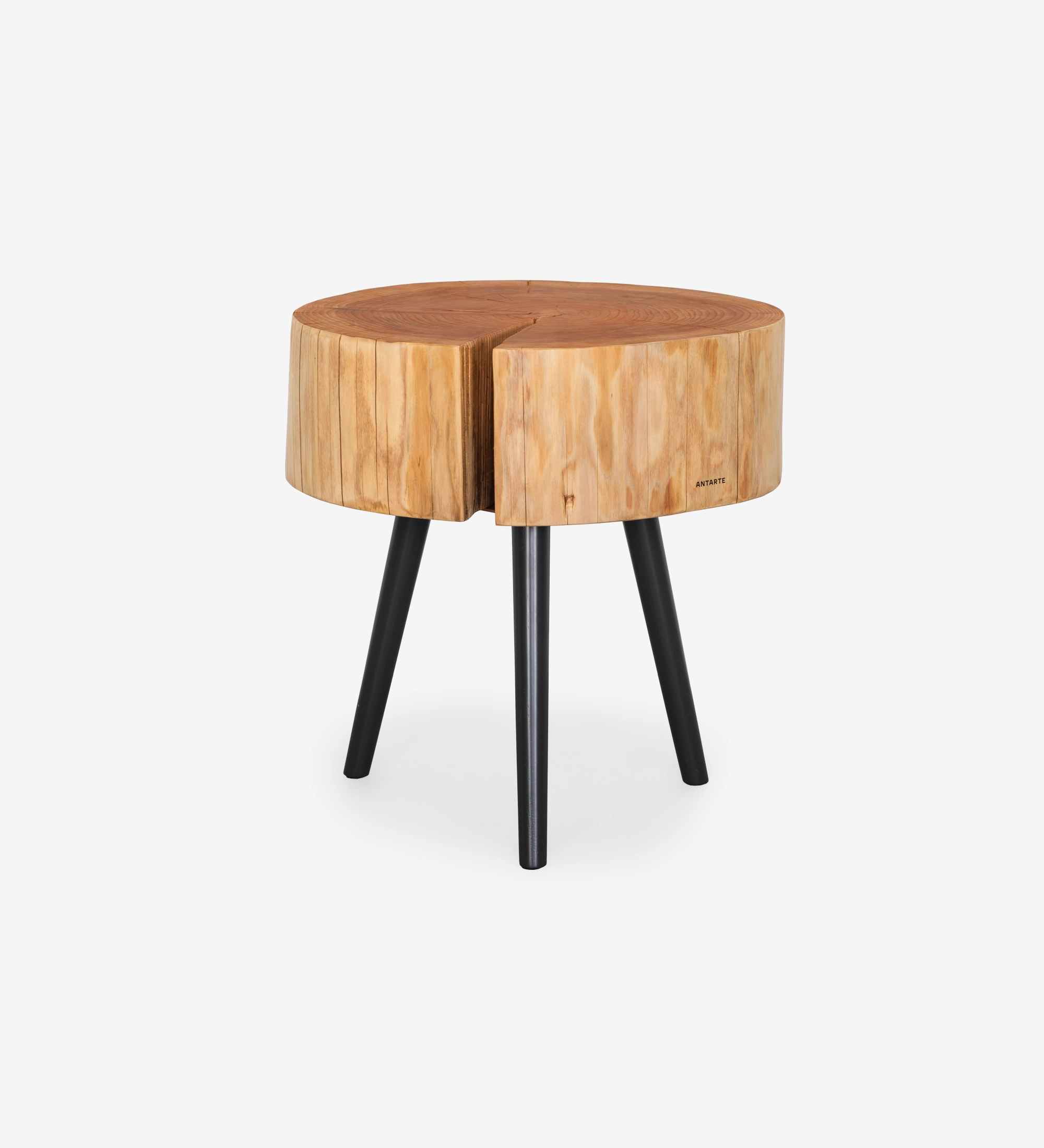 Table d'appoint tronc en bois massif avec trois pieds métalliques noirs