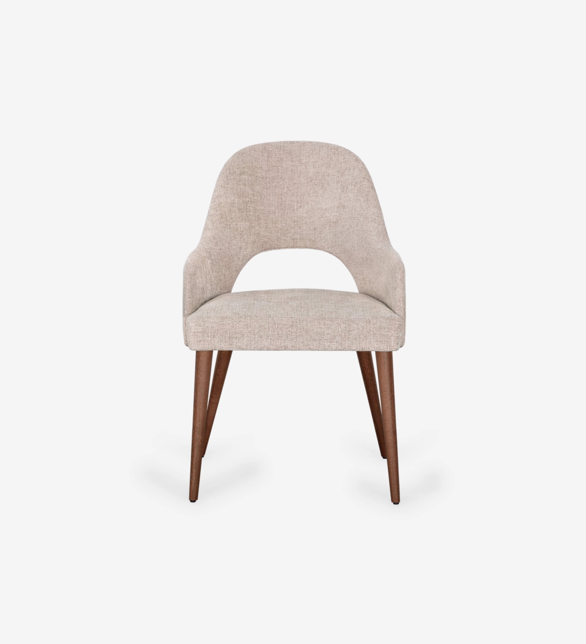 Cadeira Paris estofada bege com apoio recortado e pernas em madeira escura, vista frontal