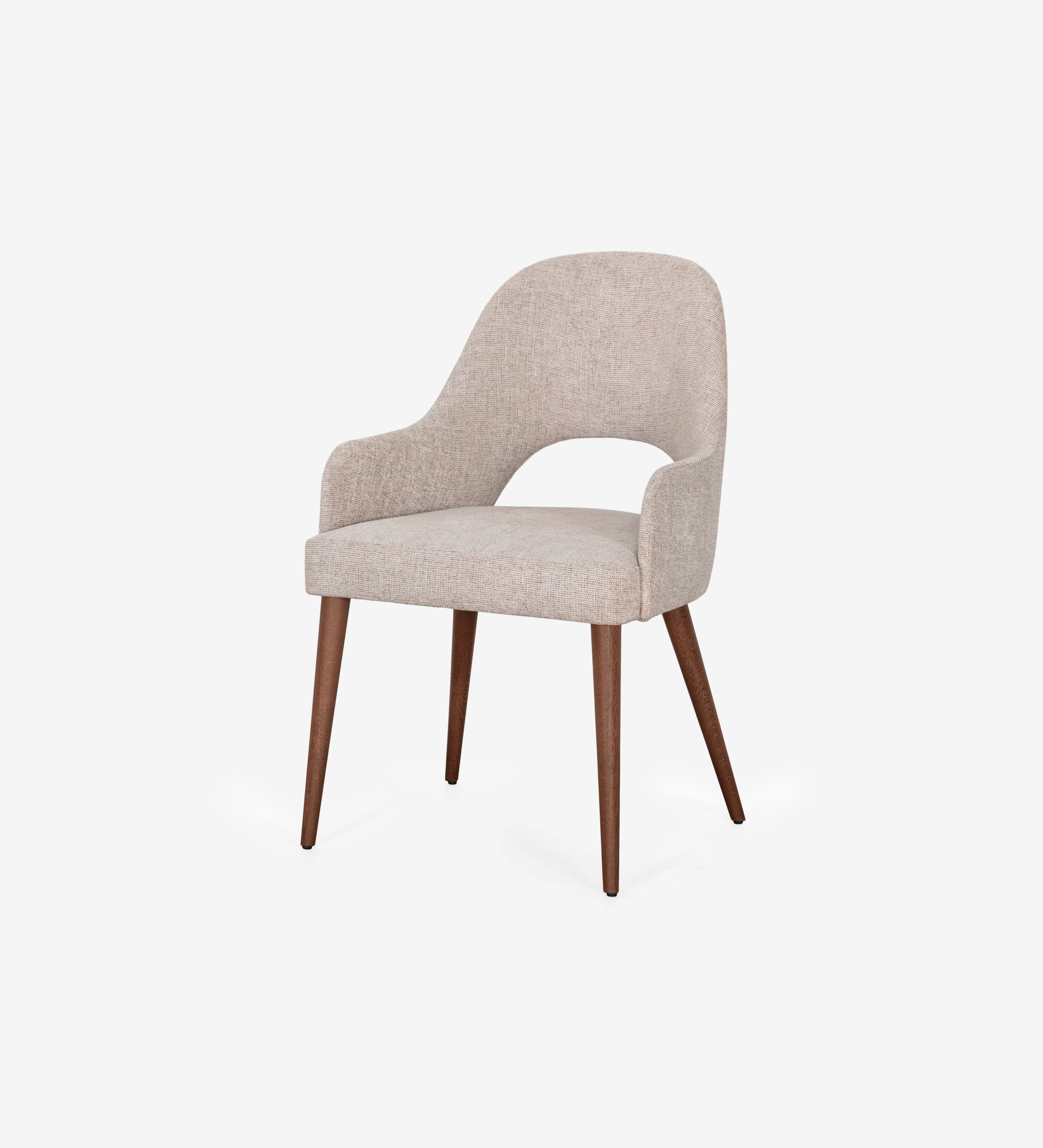 Cadeira Paris estofada bege com pernas de madeira castanha e encosto aberto