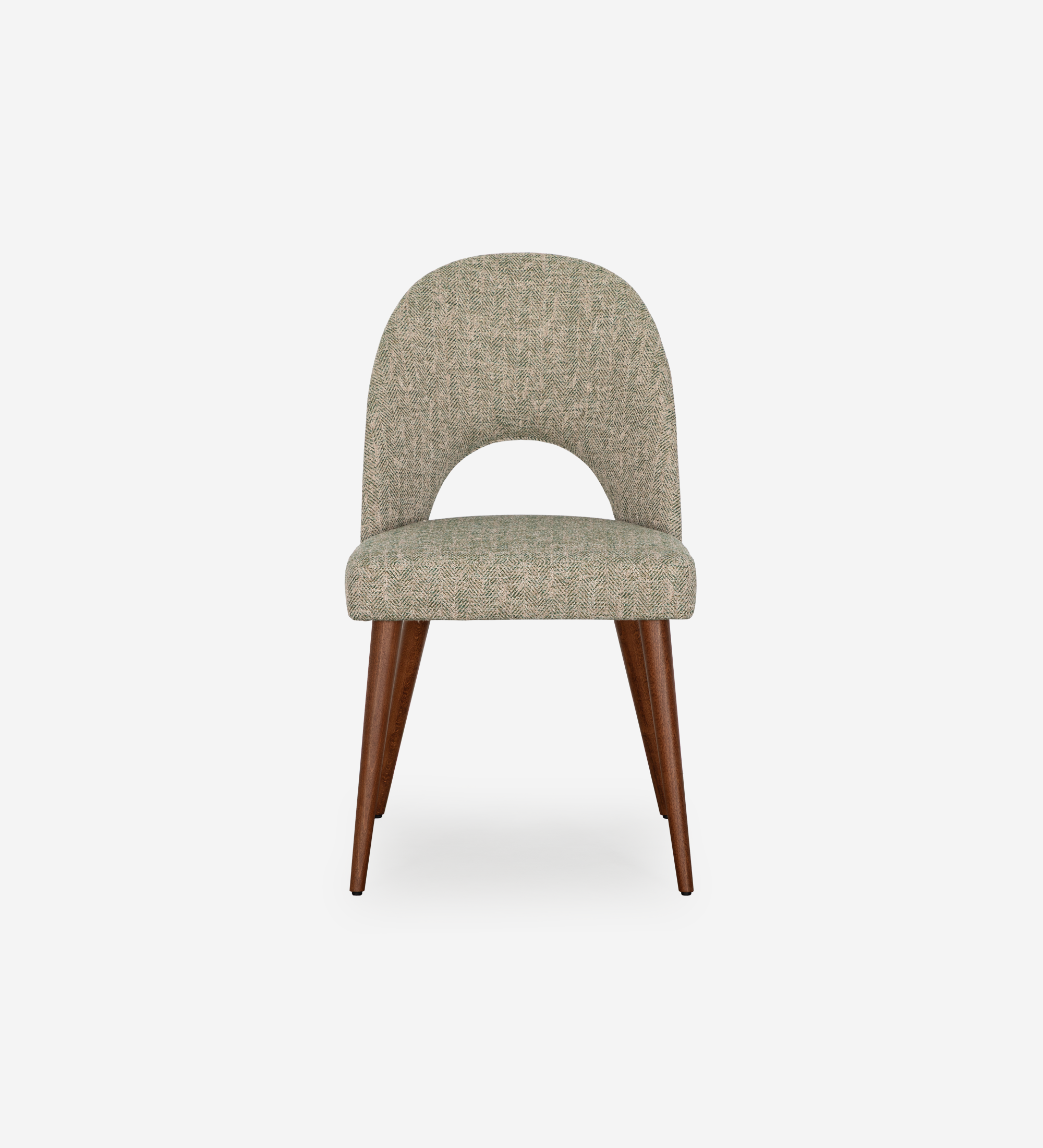 Paris Chair, sage textured upholstery with curved open back and tapered walnut legs