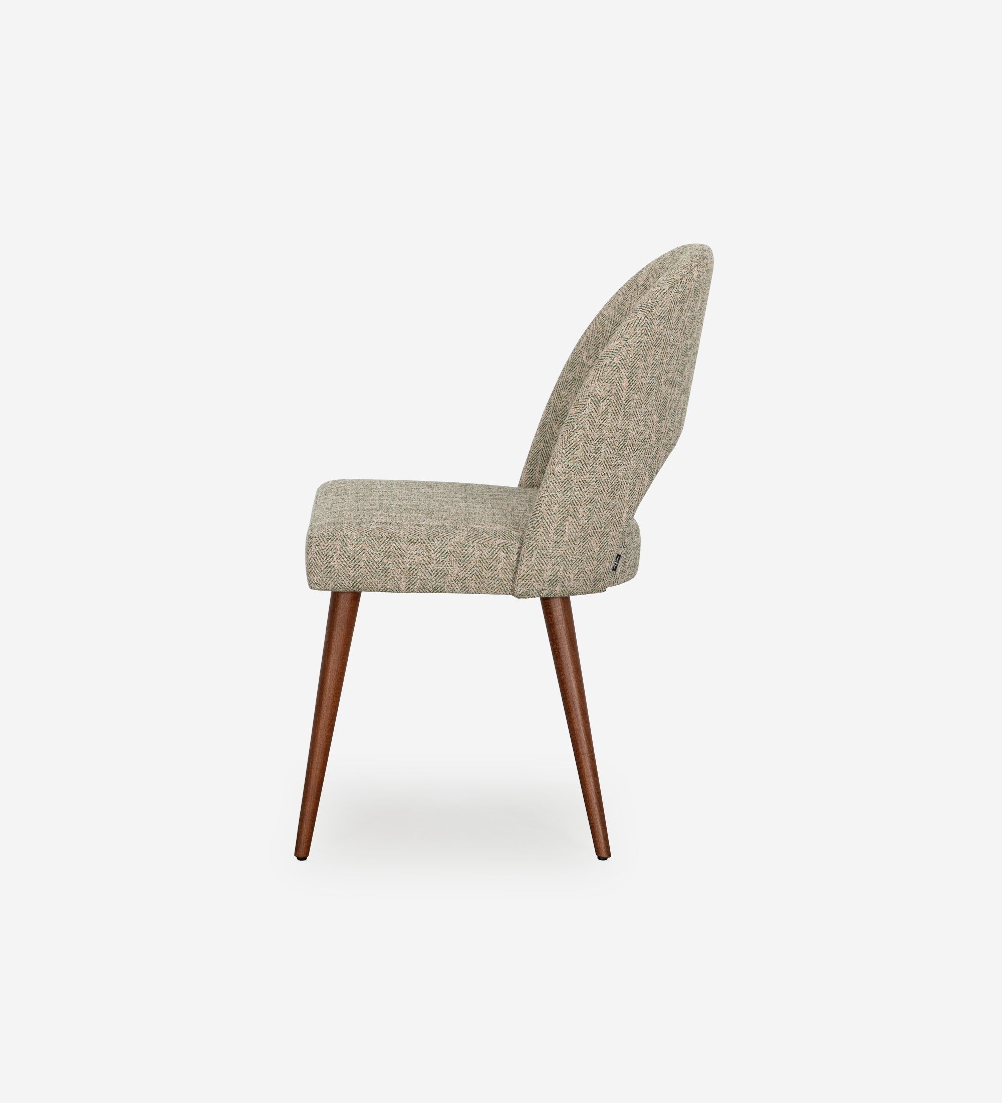 Paris Chair side profile upholstered light gray tweed seat with tapered walnut legs