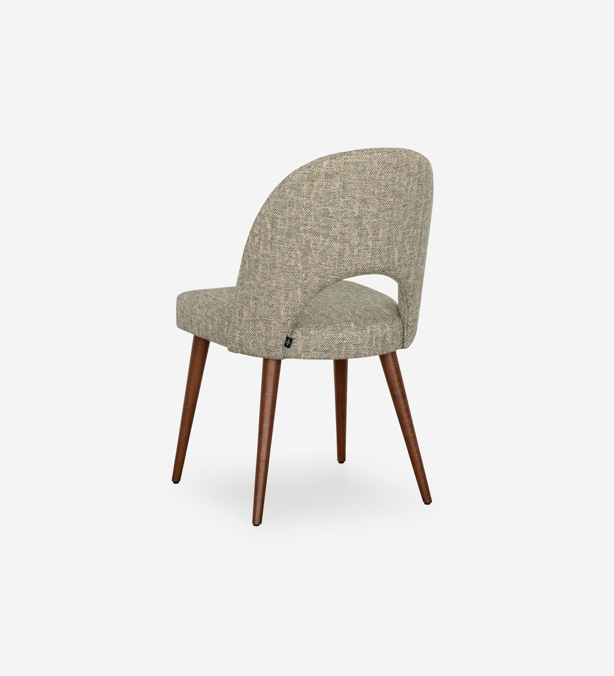 Paris Chair upholstered beige tweed with curved back, cutout and tapered walnut legs