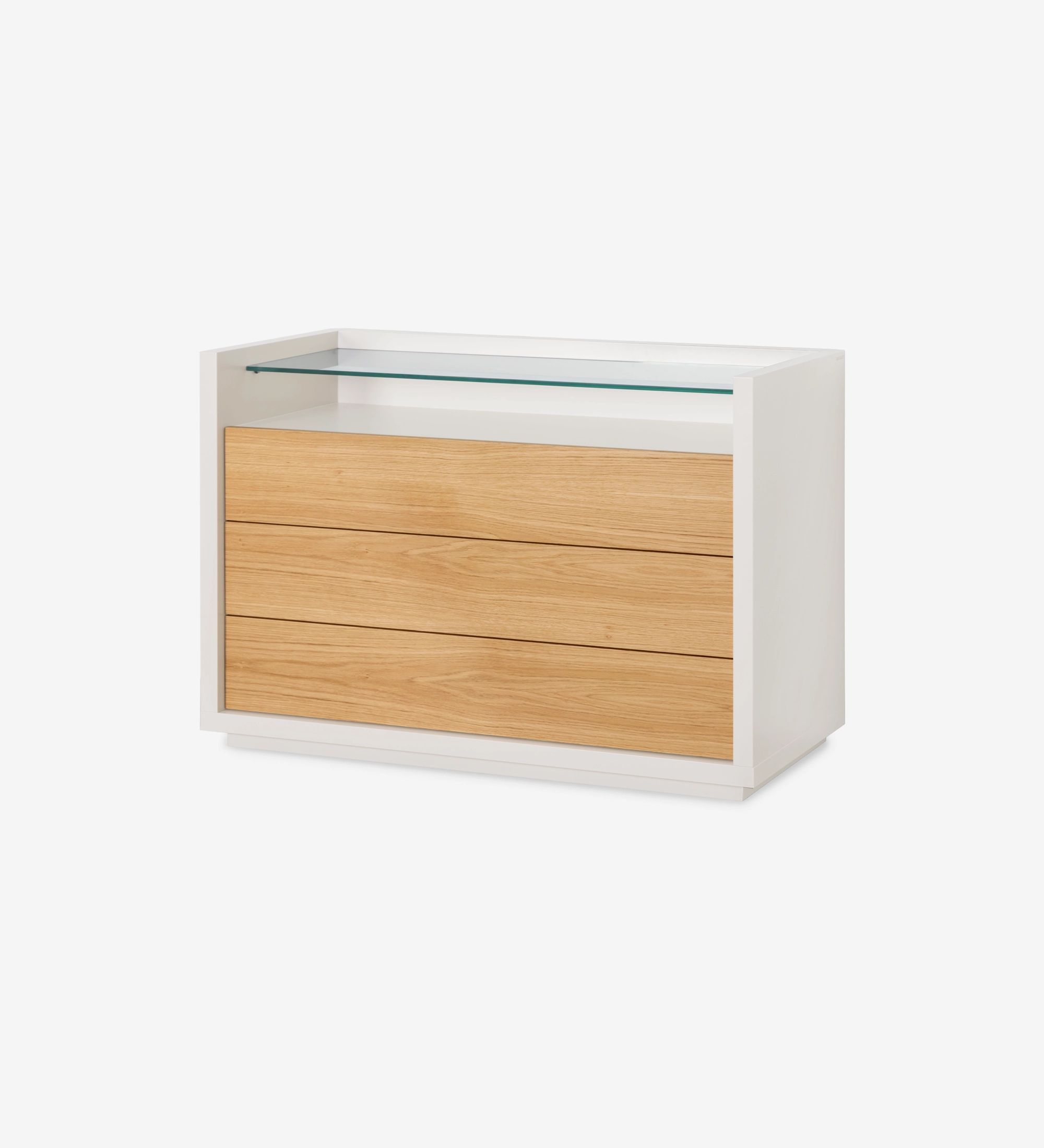 Commode Londres blanche à cadre, trois tiroirs en bois clair et étagère en verre