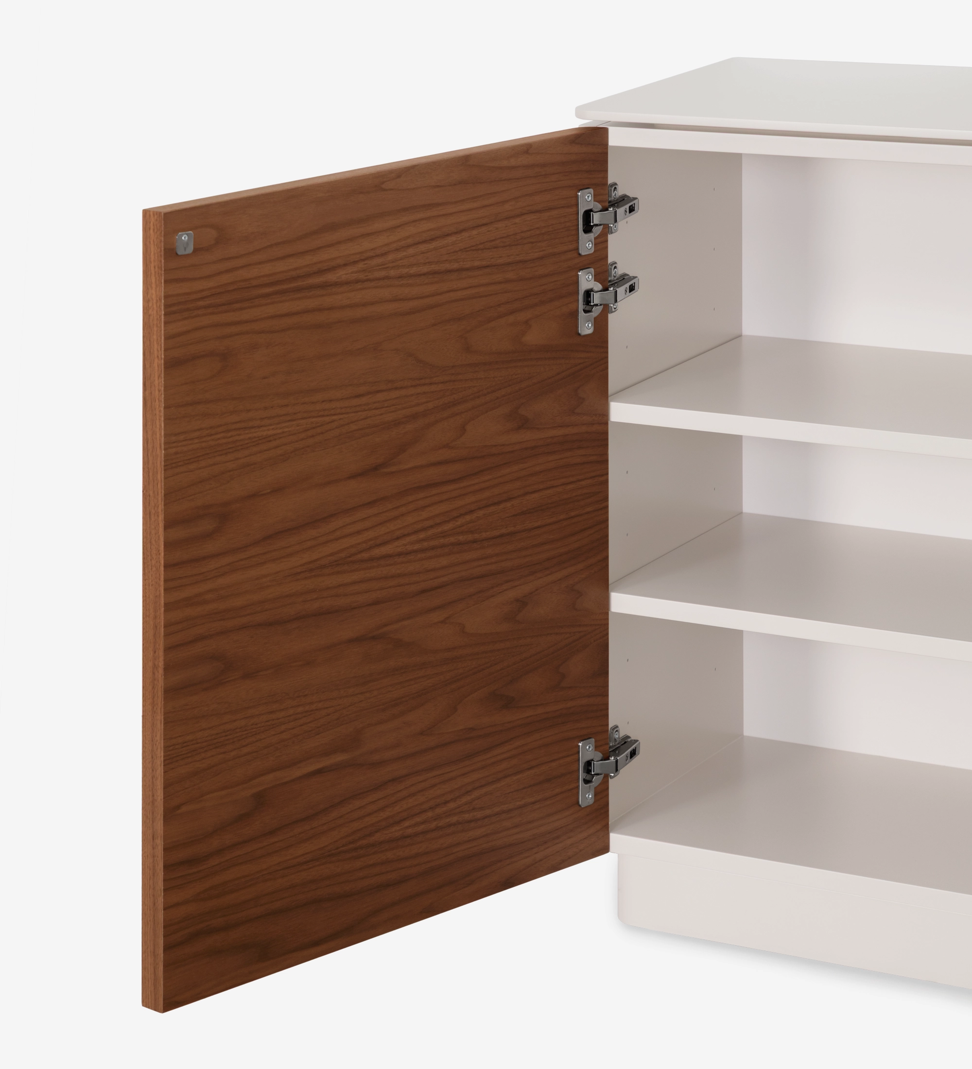 Zapatera Geneve con puerta de madera nogal y estantes blancos abiertos