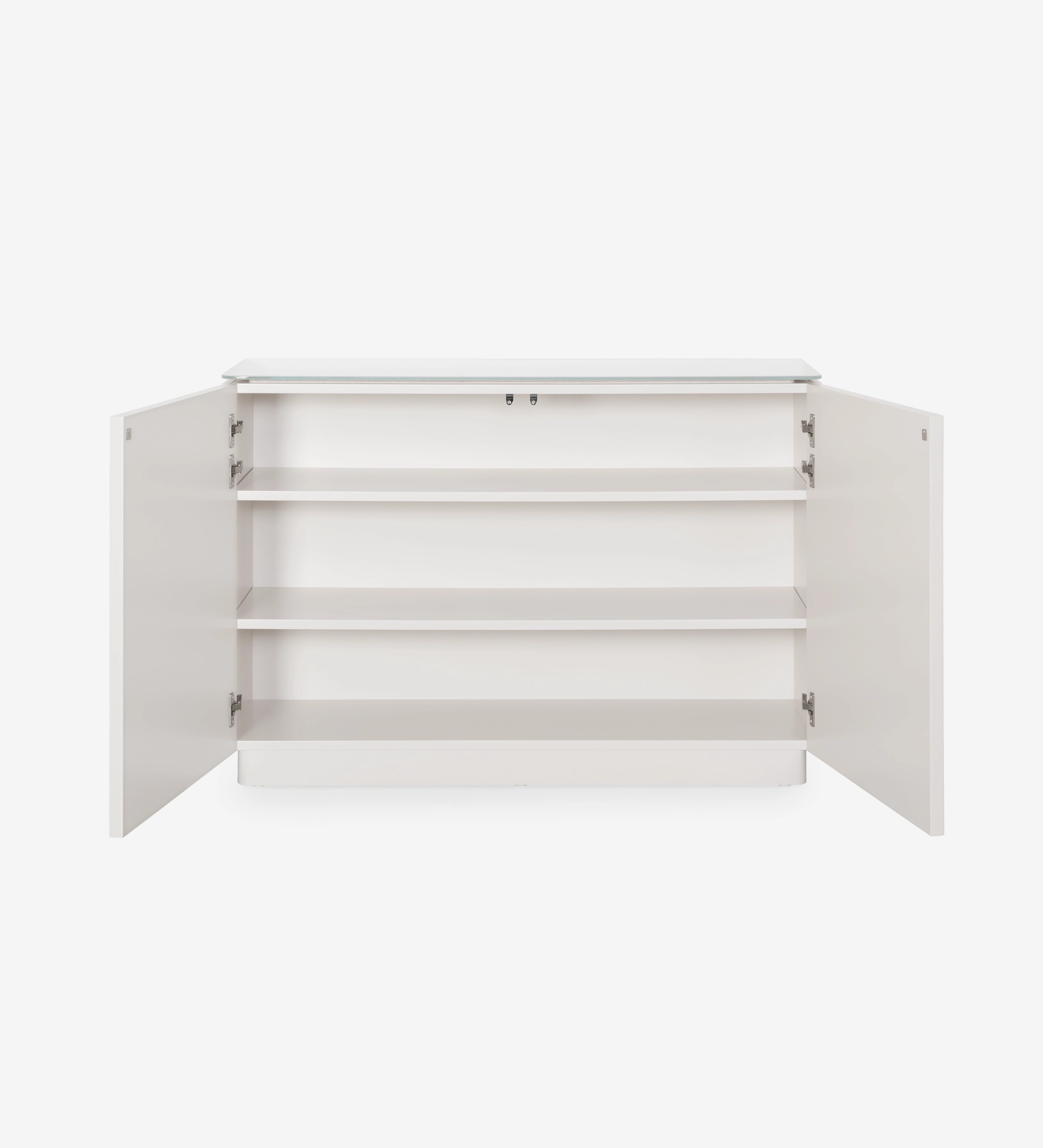 Zapatera Geneve blanca con puertas abiertas y tres estantes