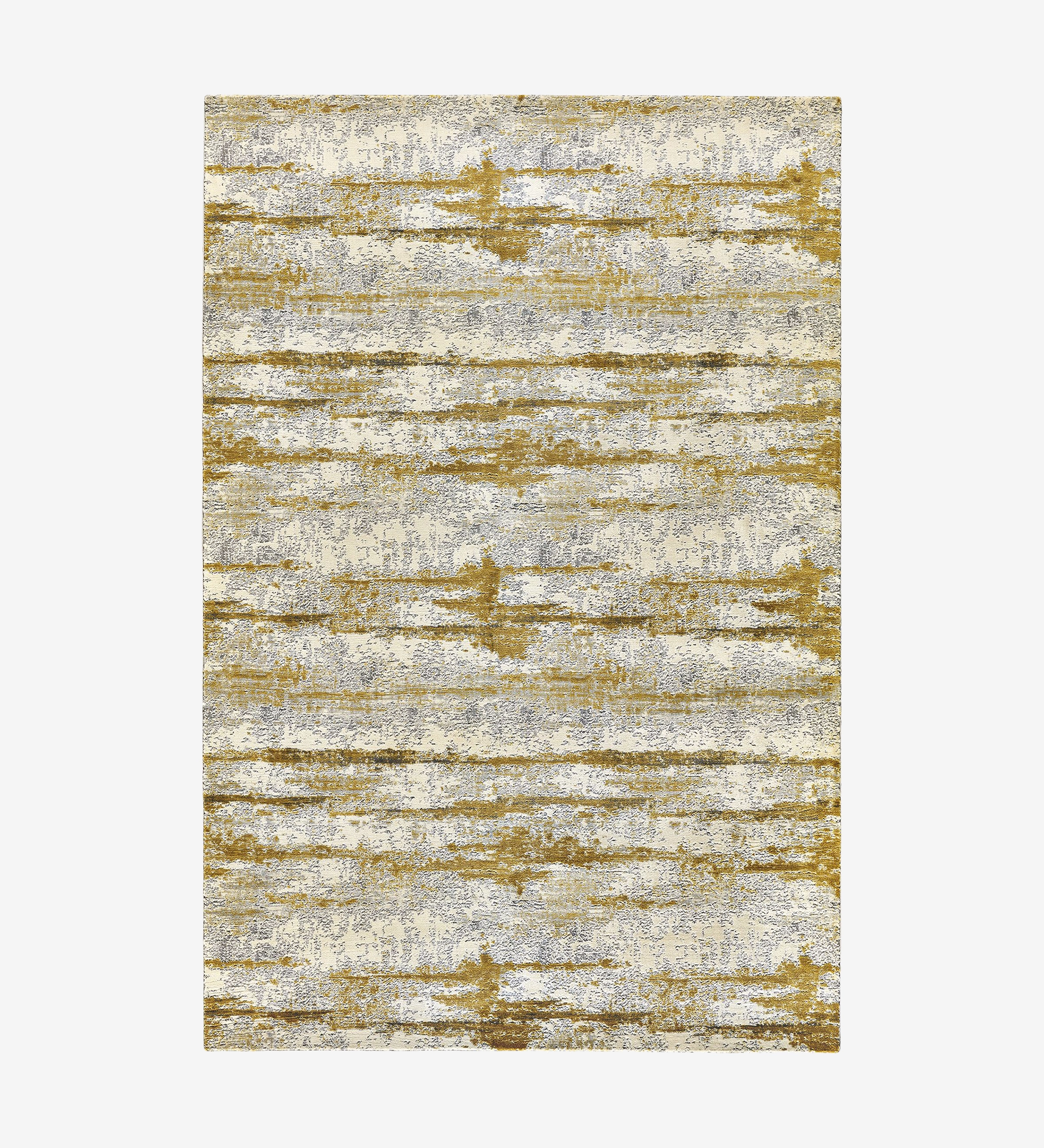 Abstract rug with grey and yellow tones, folded edge finish + 6mm feltex backing.