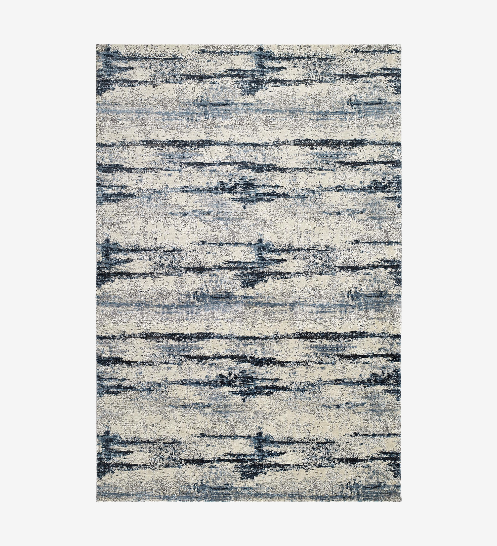 Abstract rug with blue tones, folded edge finish + 6mm feltex backing.