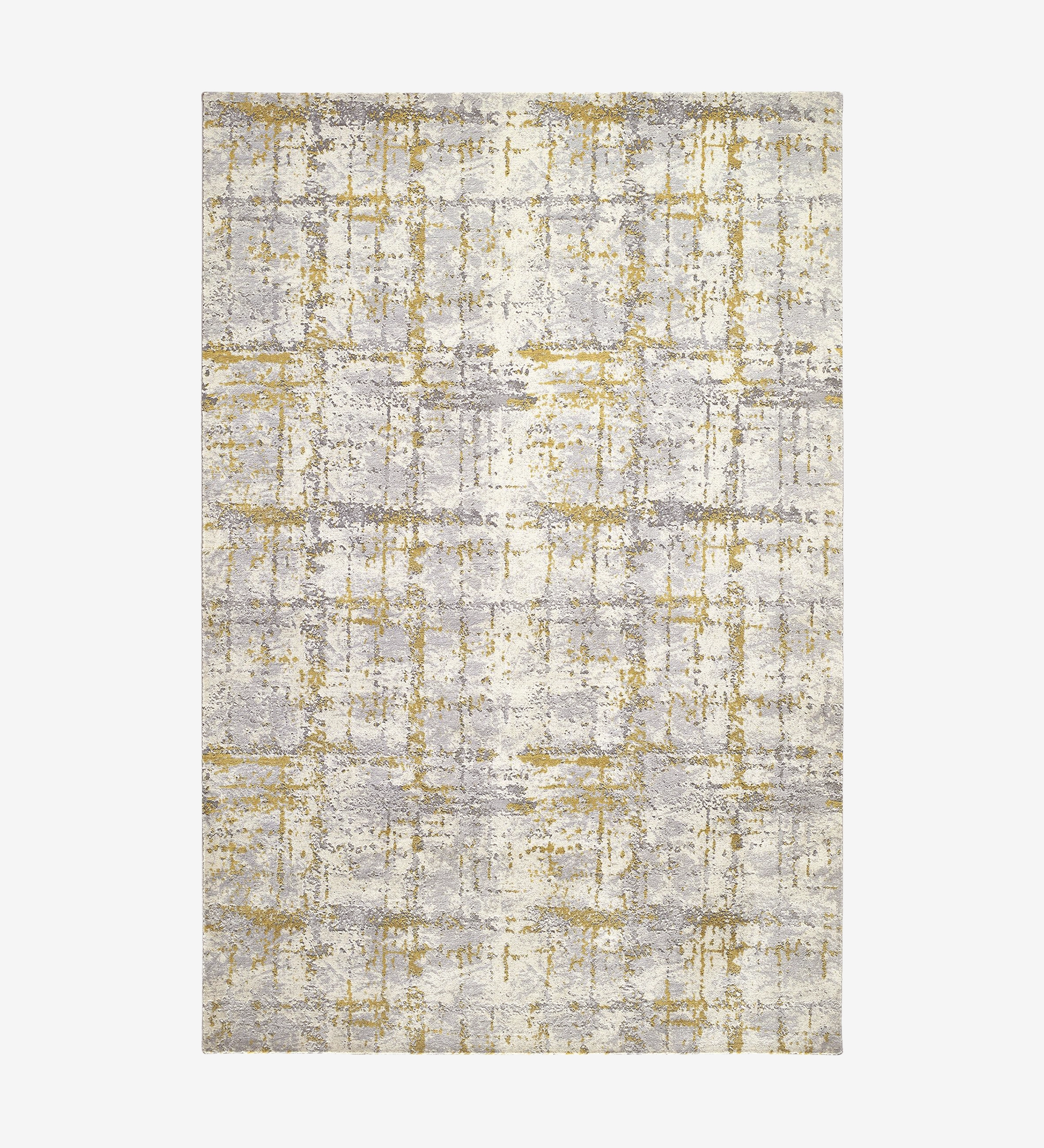 Abstract rug with grey and yellow tones, folded edge finish + 6mm feltex backing.