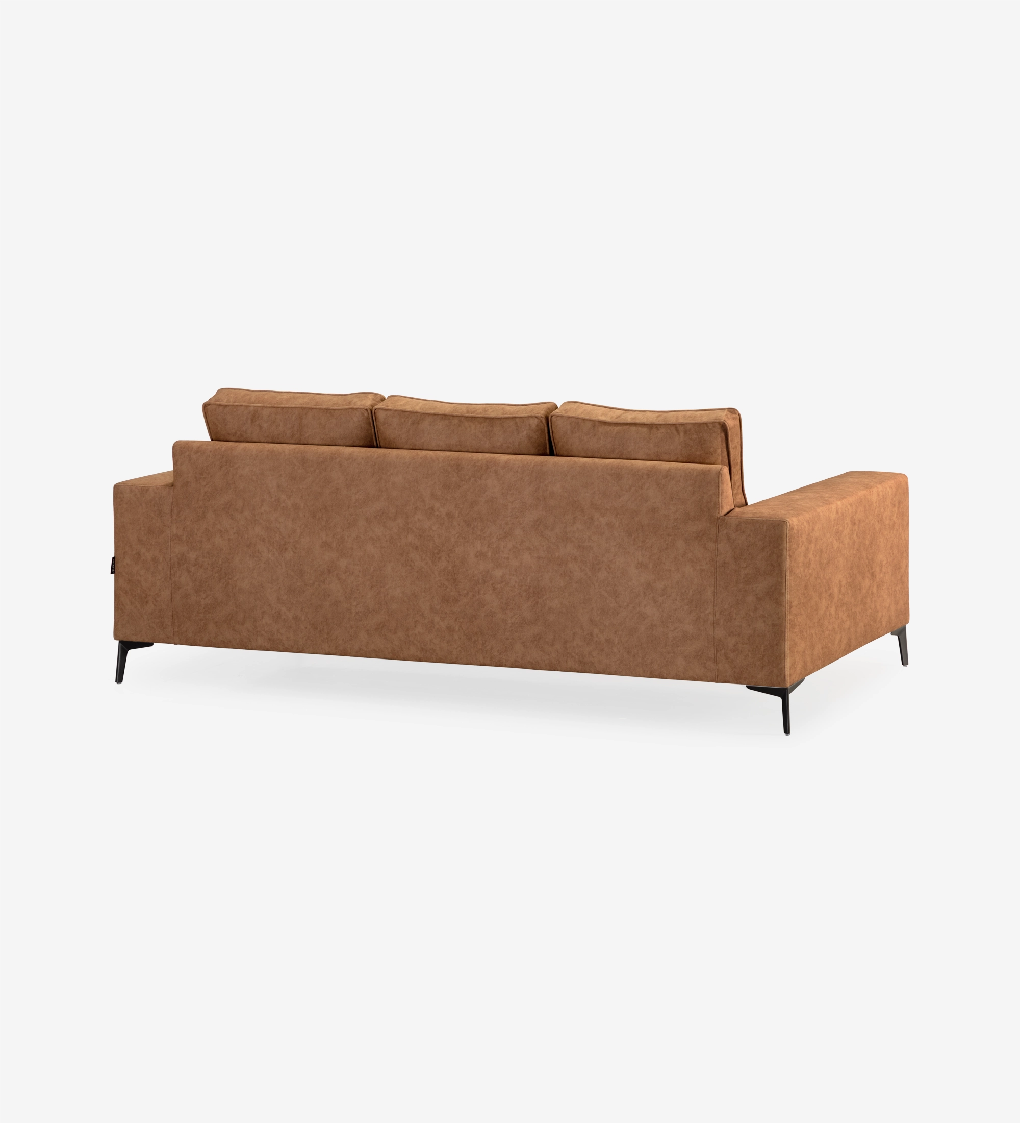 Barcelona Sofa brown three-seater viewed from back with three cushions and black legs
