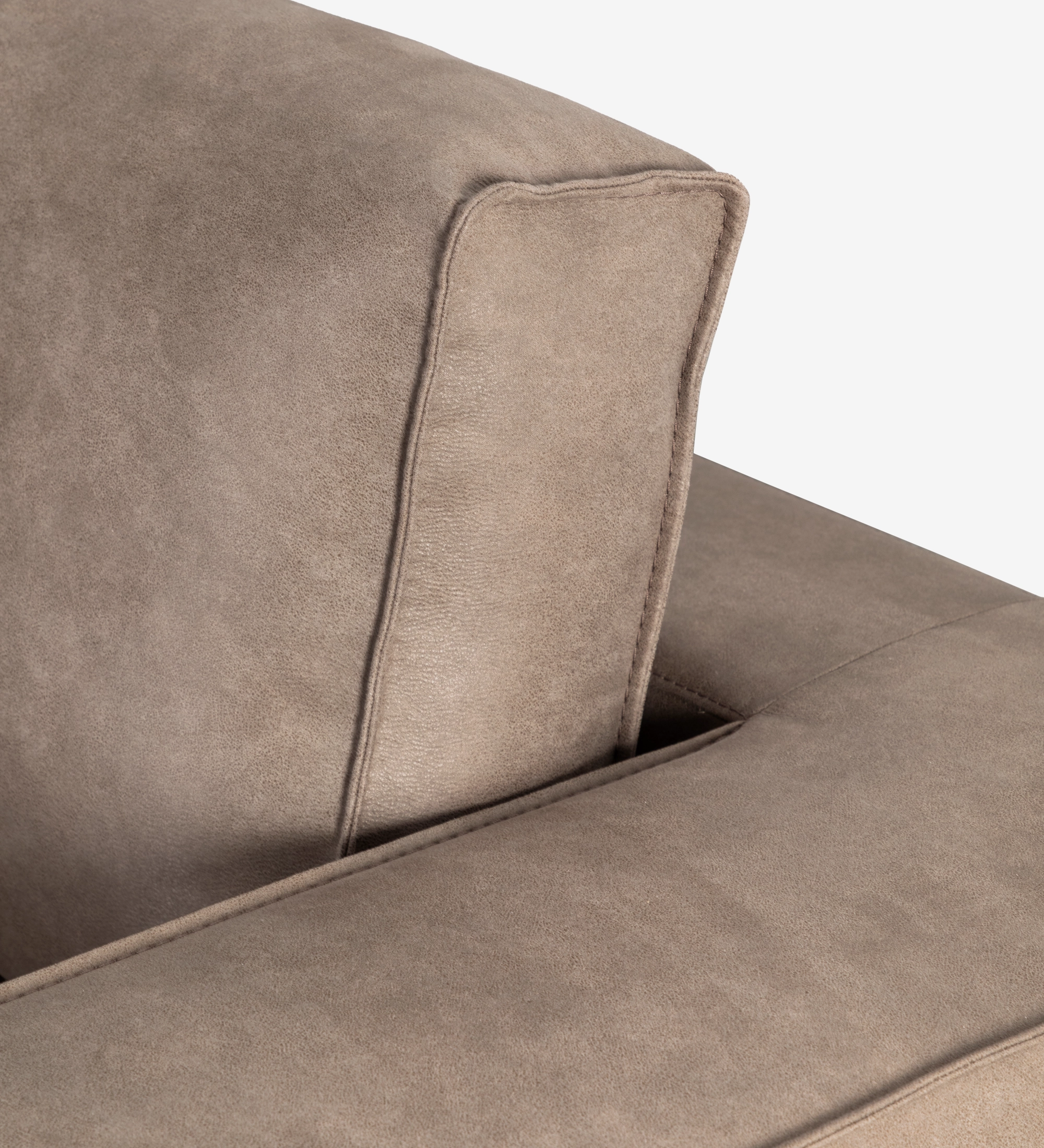 Canapé Tokyo 3 places recouvert en tissu taupe, pieds en métal laqué noir, 238 cm.