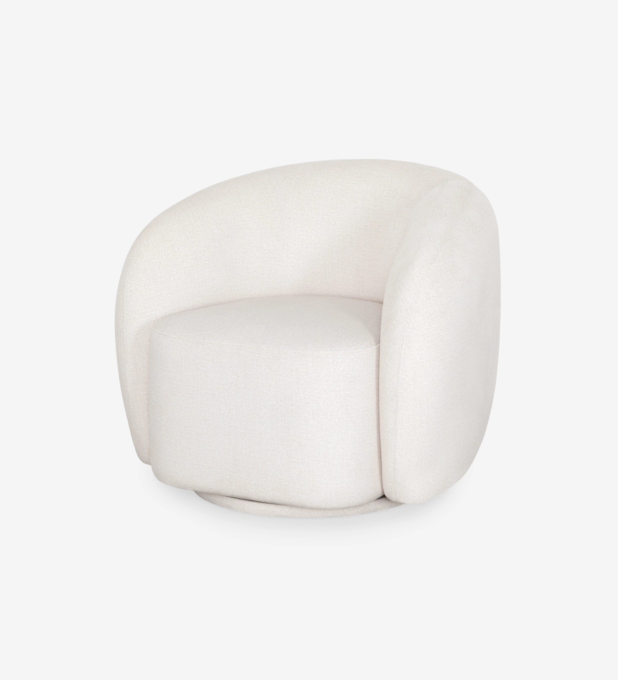 Armchair with a fully upholstered pearl-fabric finish and a swivel base.
