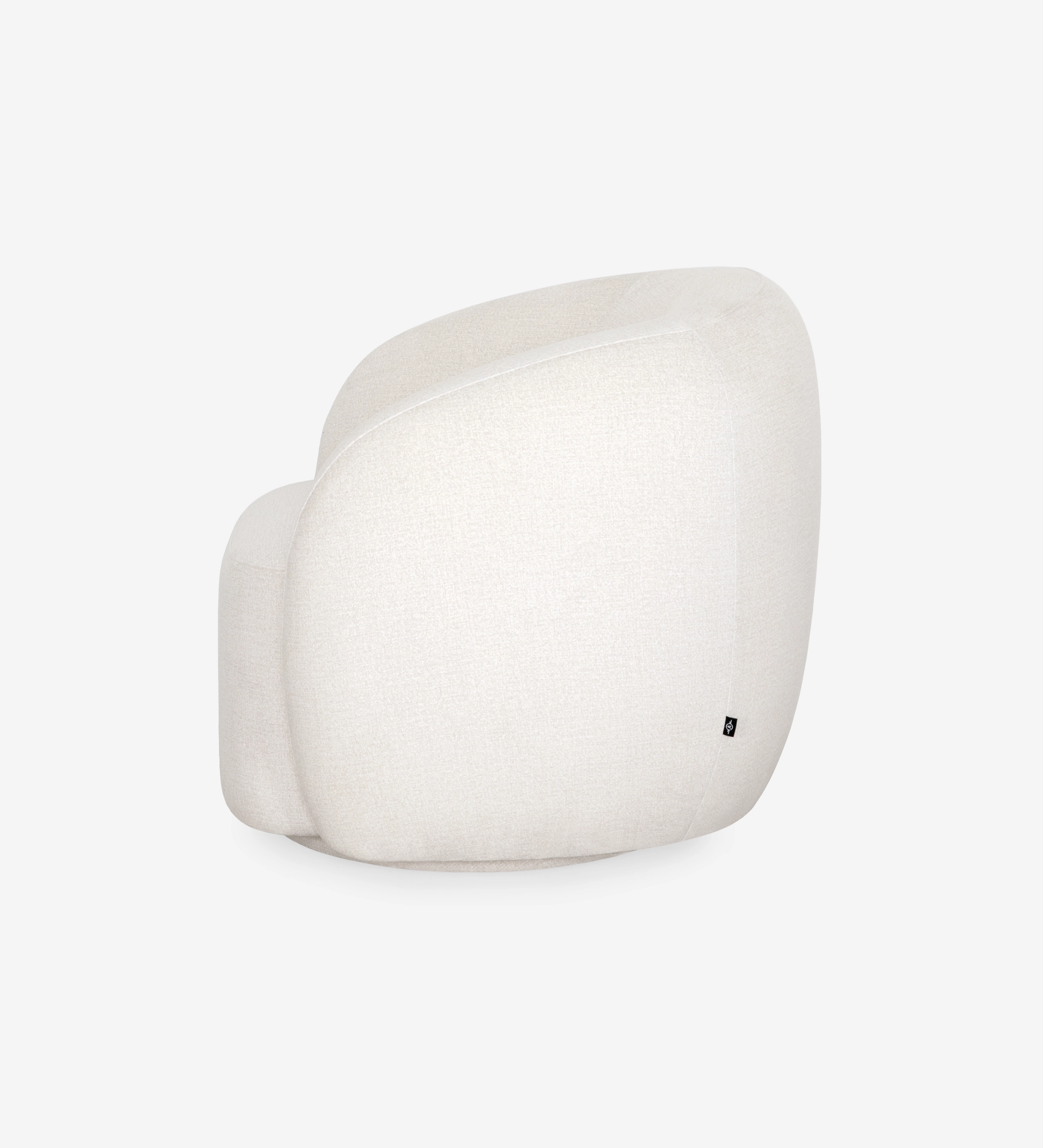 Armchair with a fully upholstered pearl-fabric finish and a swivel base.