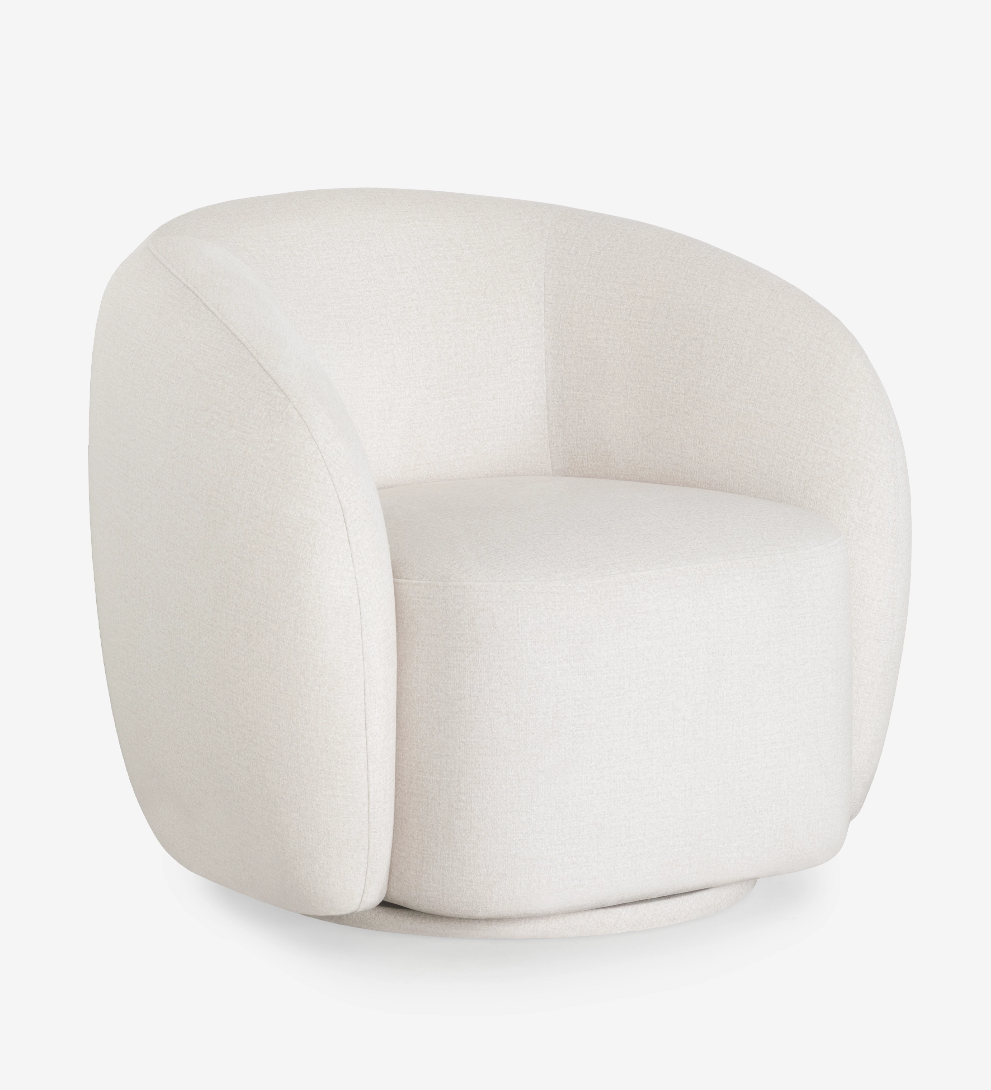Armchair with a fully upholstered pearl-fabric finish and a swivel base.