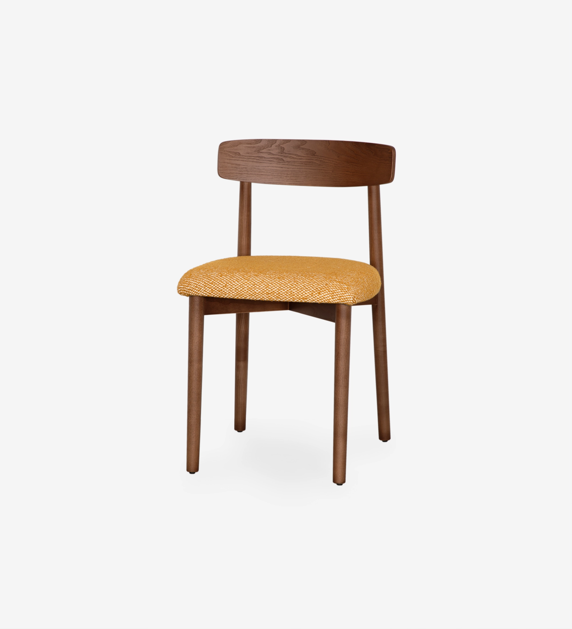 Silla de madera color nuez con asiento tapizado en tela amarilla