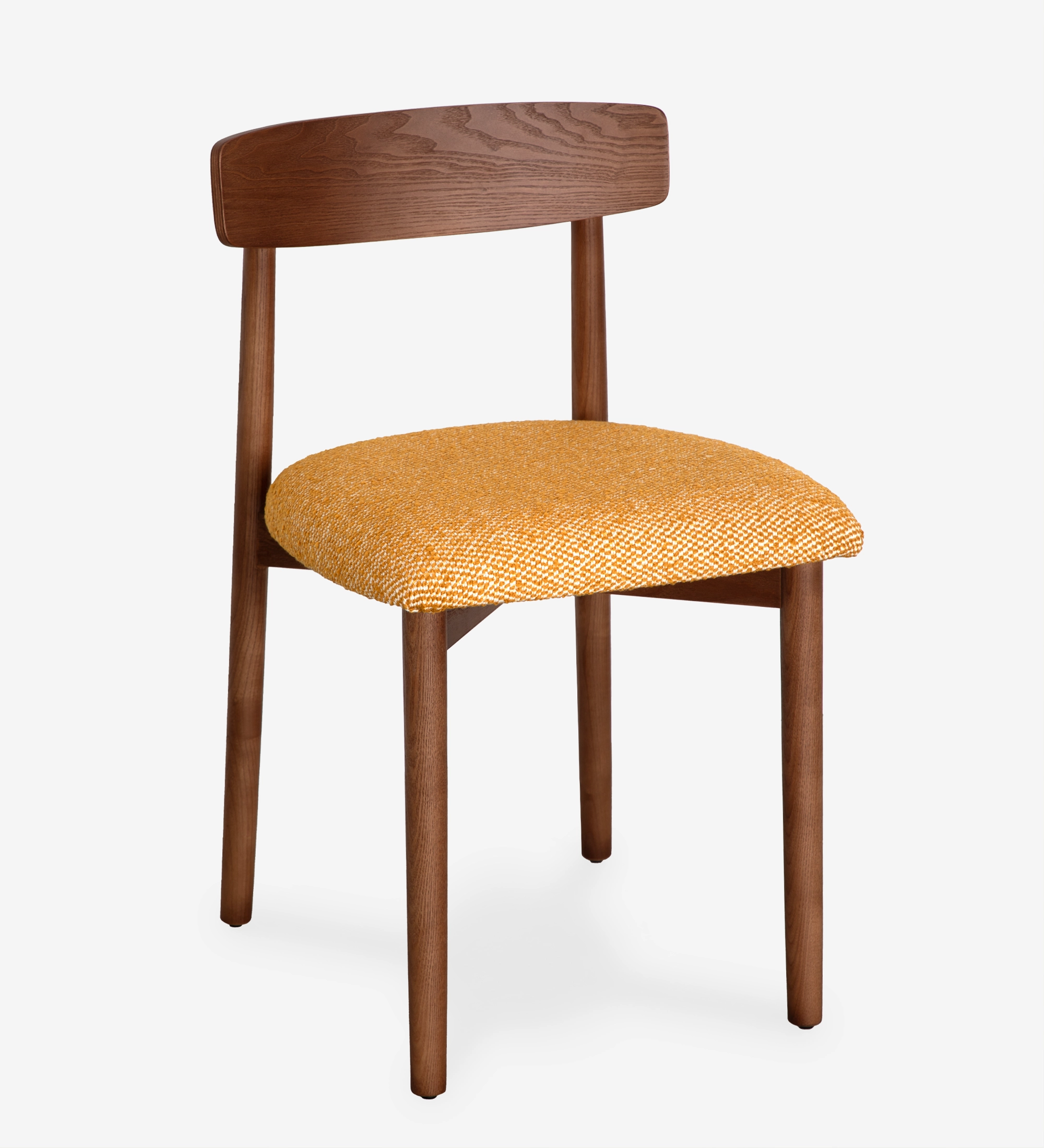 Silla de madera color nuez con asiento tapizado en tela amarilla