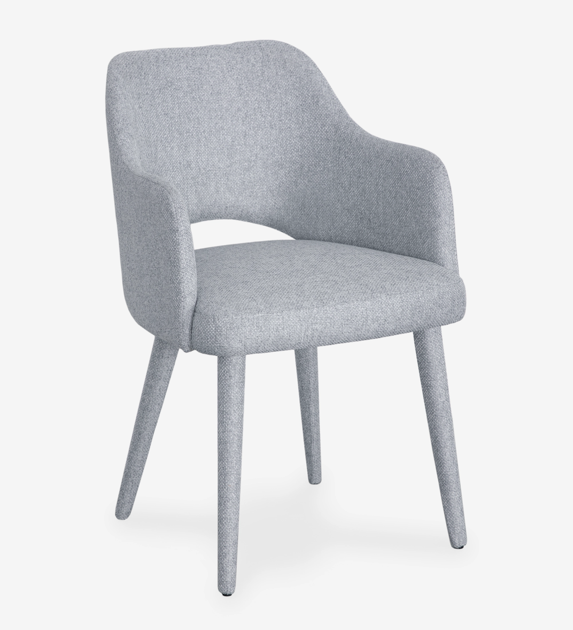 Cadeira com braços estofada a tecido cinzento.