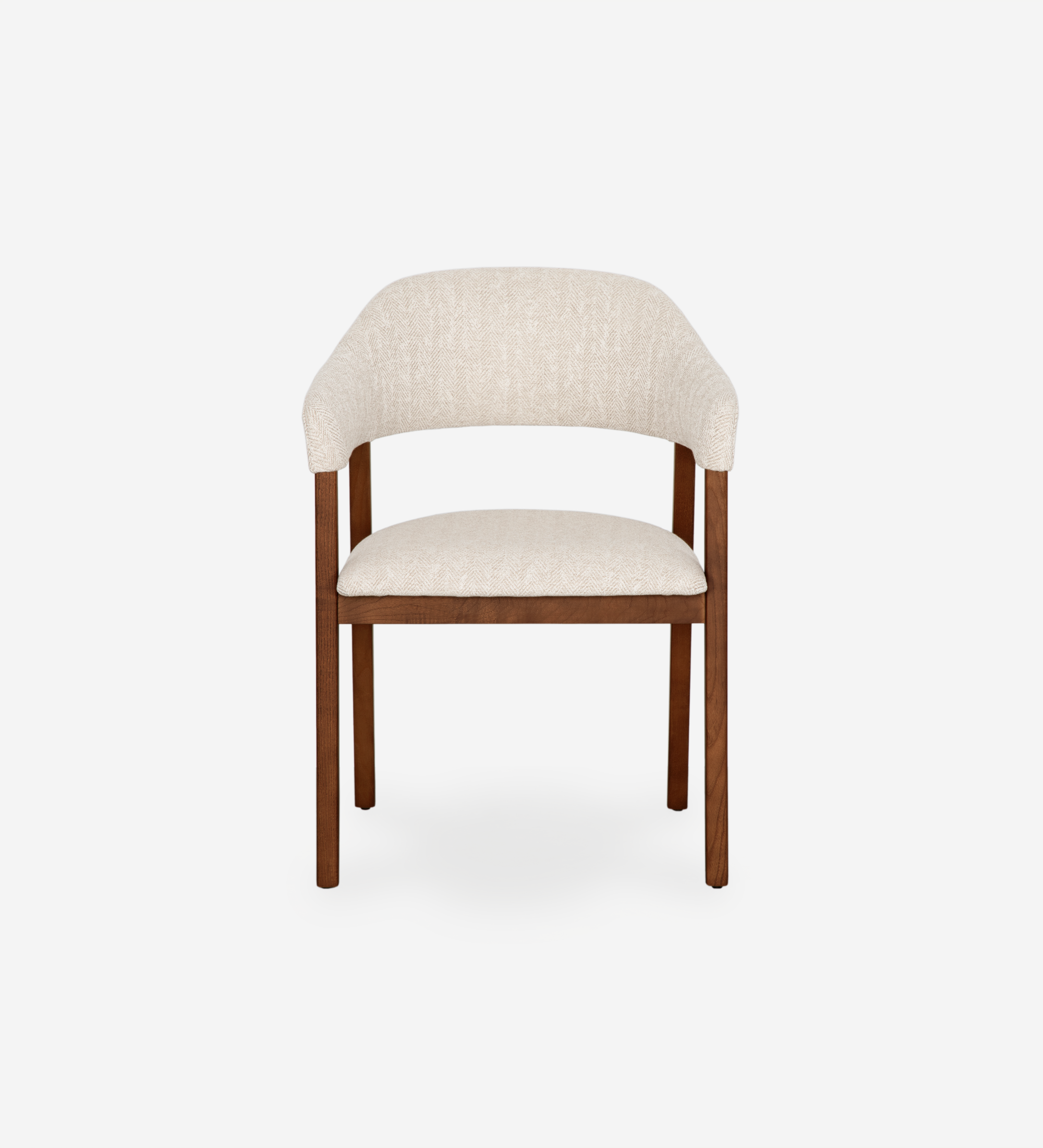 Chair with arms, in walnut-colored ash wood, with seat and back upholstered in beige fabric.