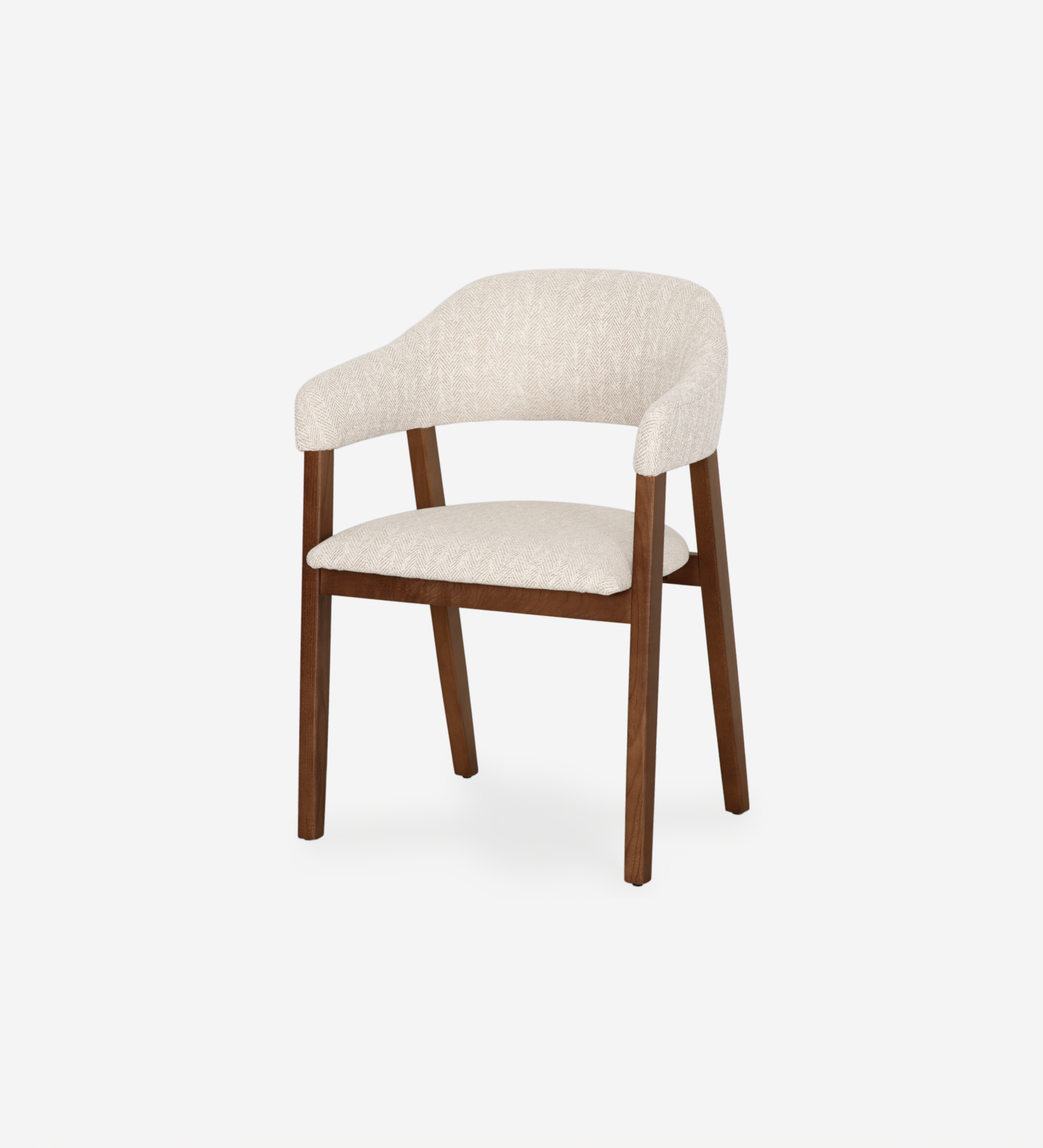 Chair with arms, in walnut-colored ash wood, with seat and back upholstered in beige fabric.