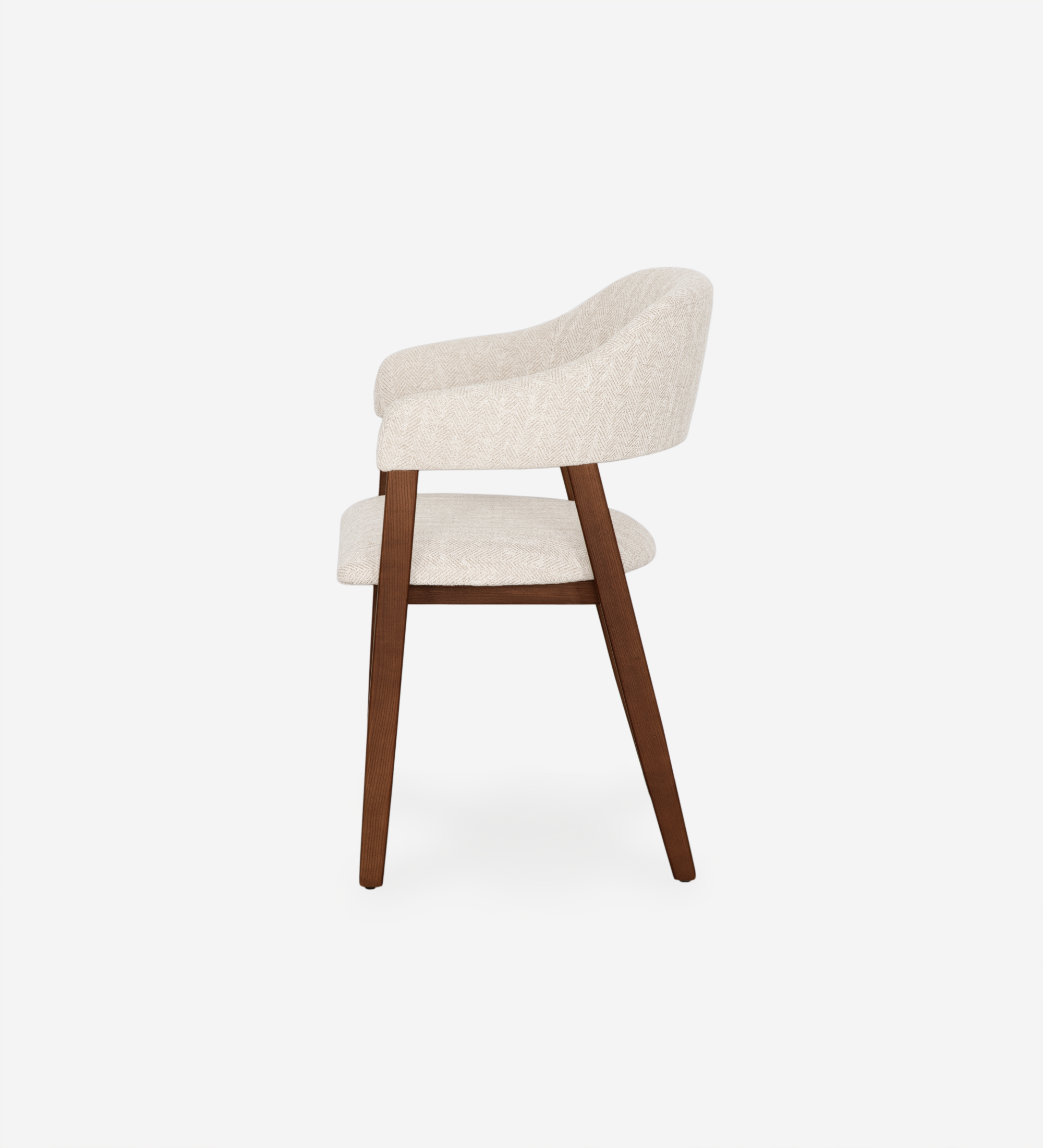 Chair with arms, in walnut-colored ash wood, with seat and back upholstered in beige fabric.