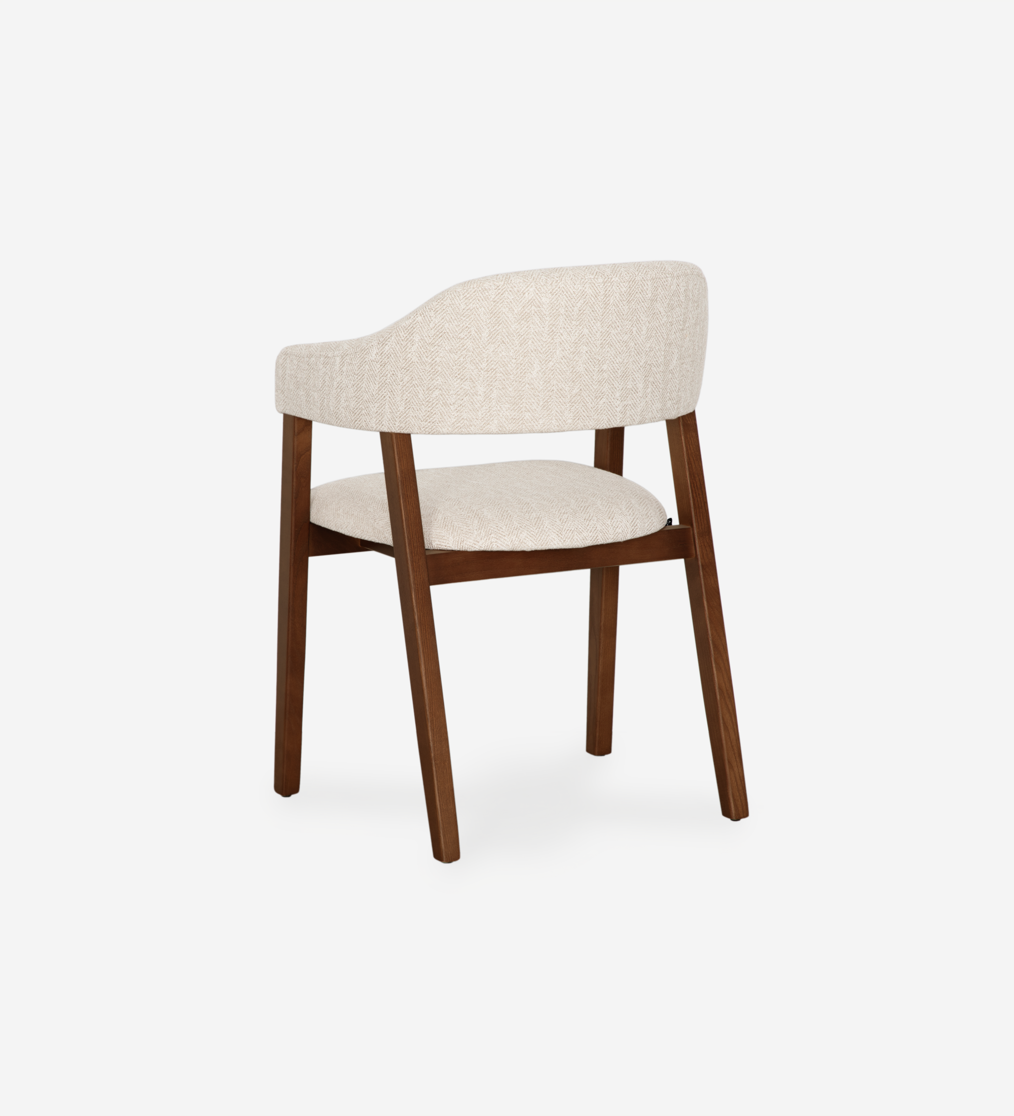 Chair with arms, in walnut-colored ash wood, with seat and back upholstered in beige fabric.