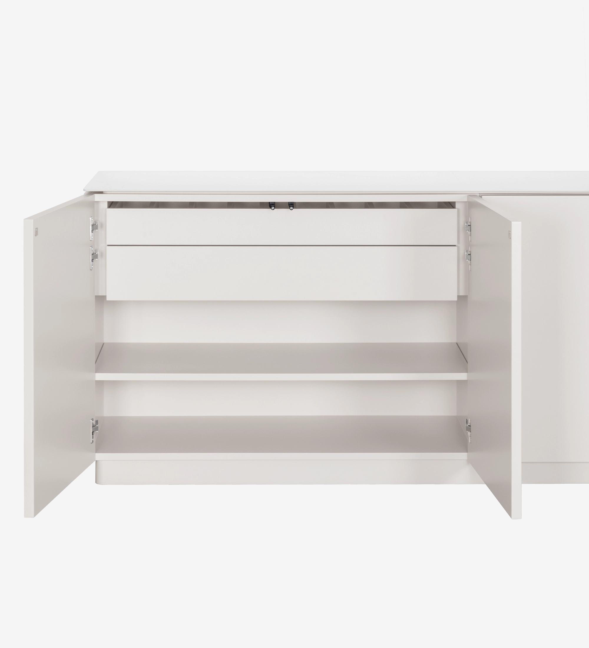 Sideboard with 4 doors and pearl lacquered structure, Calacatta marble ceramic top and cutlery drawer.