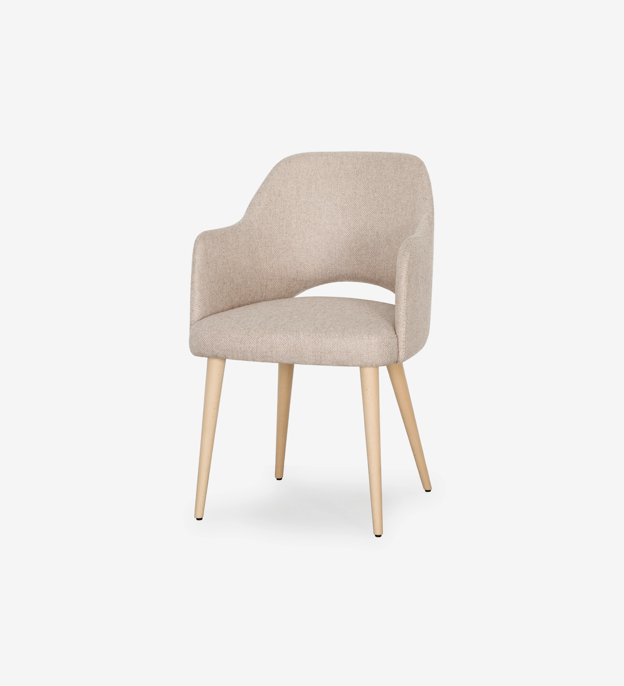 Cadeira Londres estofada bege com braços e pés em madeira clara