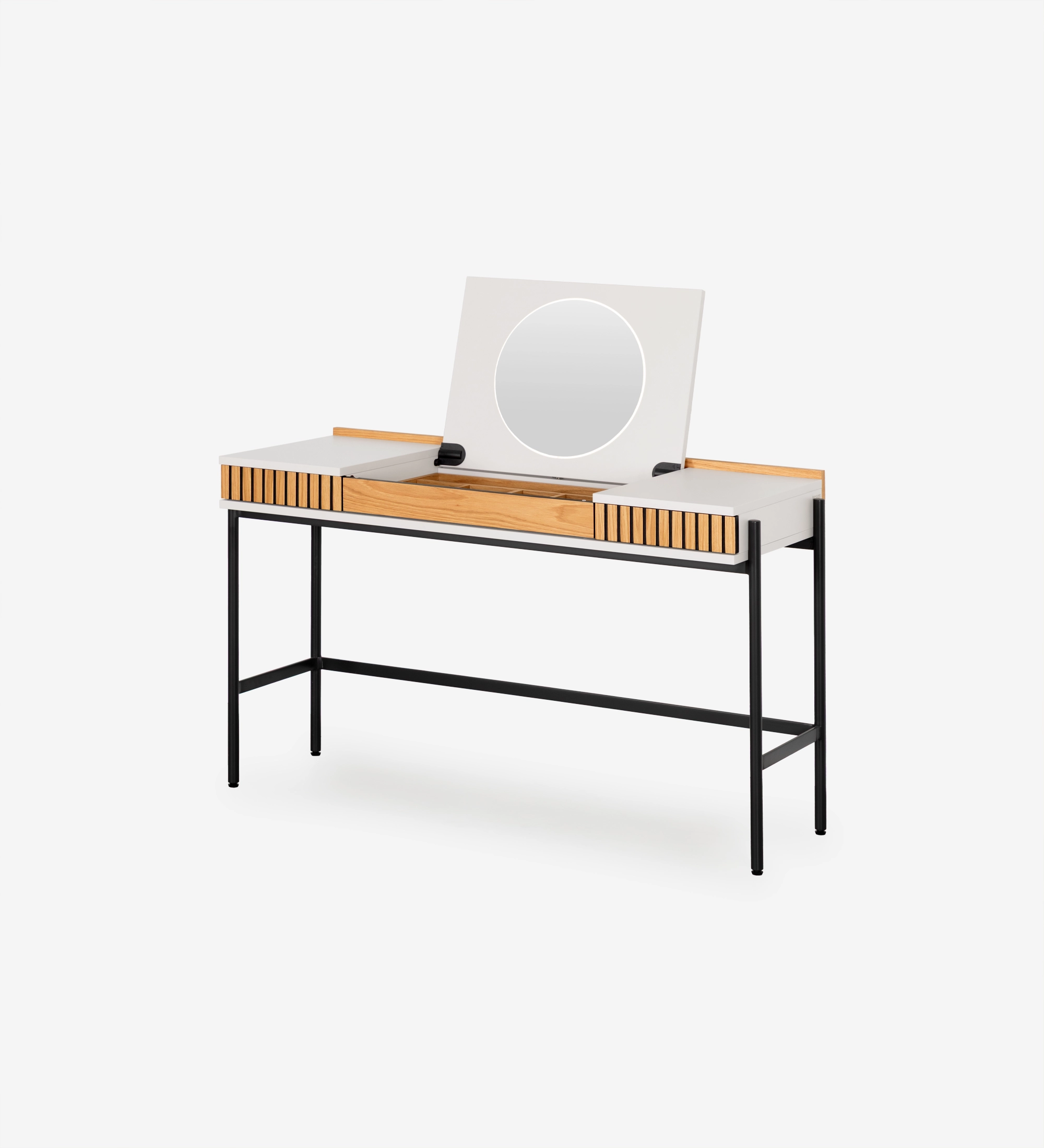 Tocador Cannes con espejo abatible, tapa blanca, frentes de madera y patas negras