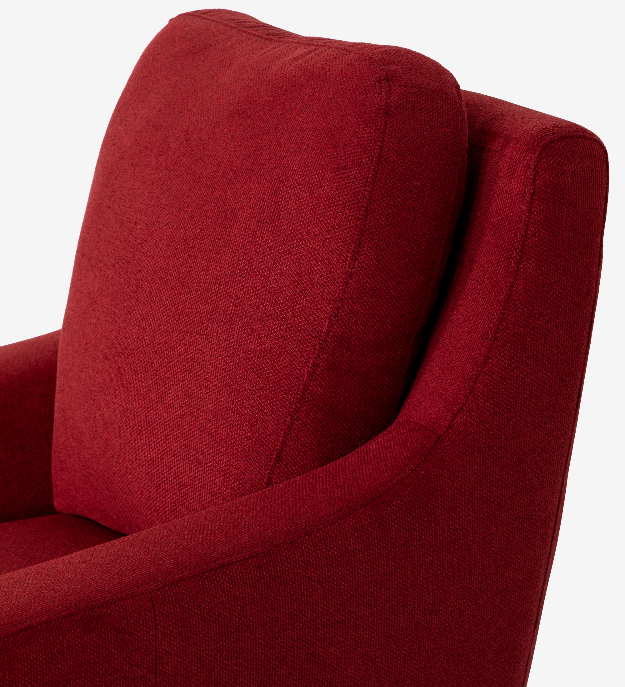 Paris Armchair in red fabric, close-up of cushioned back and curved armrest