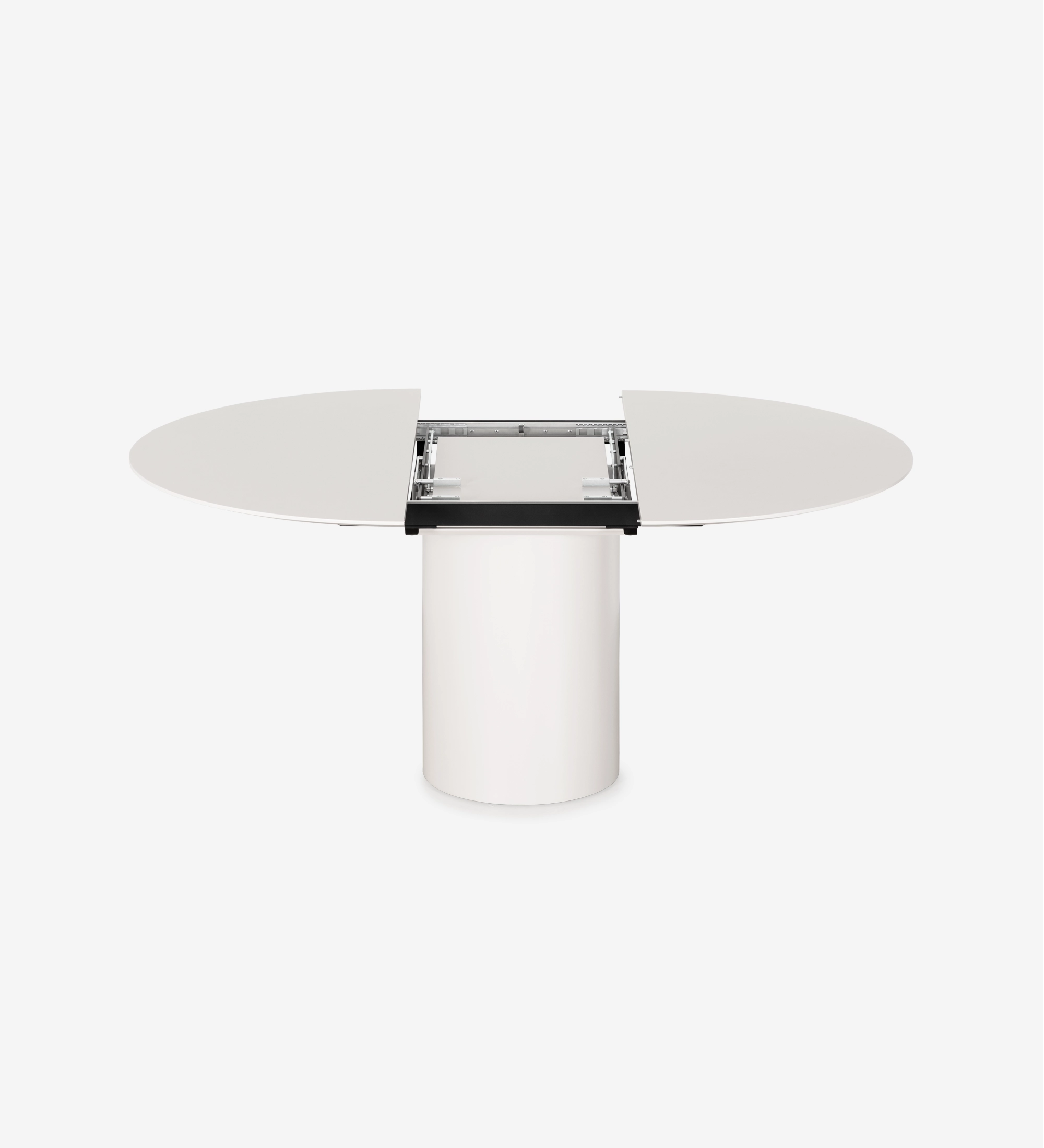 Mesa de jantar extensível branca, tampo oval aberto com mecanismo central visível