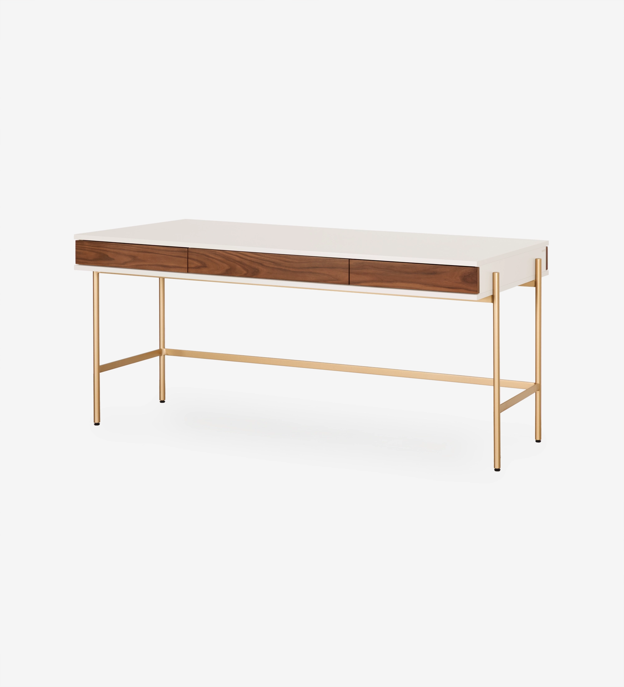 Secretaria Cannes escritorio blanco con frontal de nogal y patas metálicas doradas