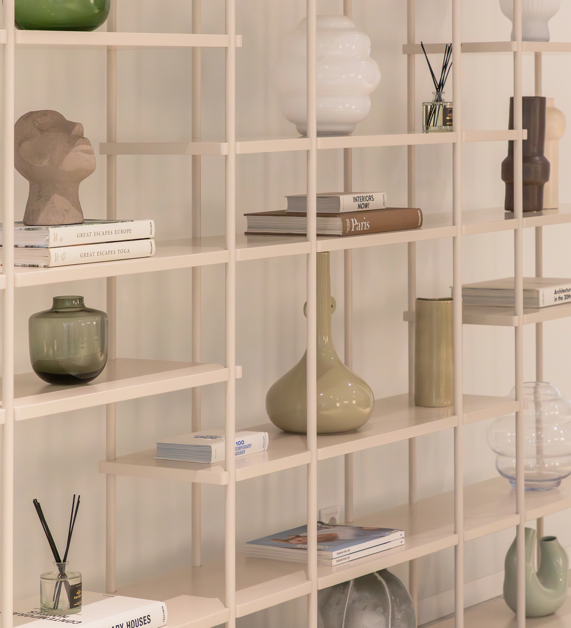 Bookcase Paris beige open shelving with books and decorative vases
