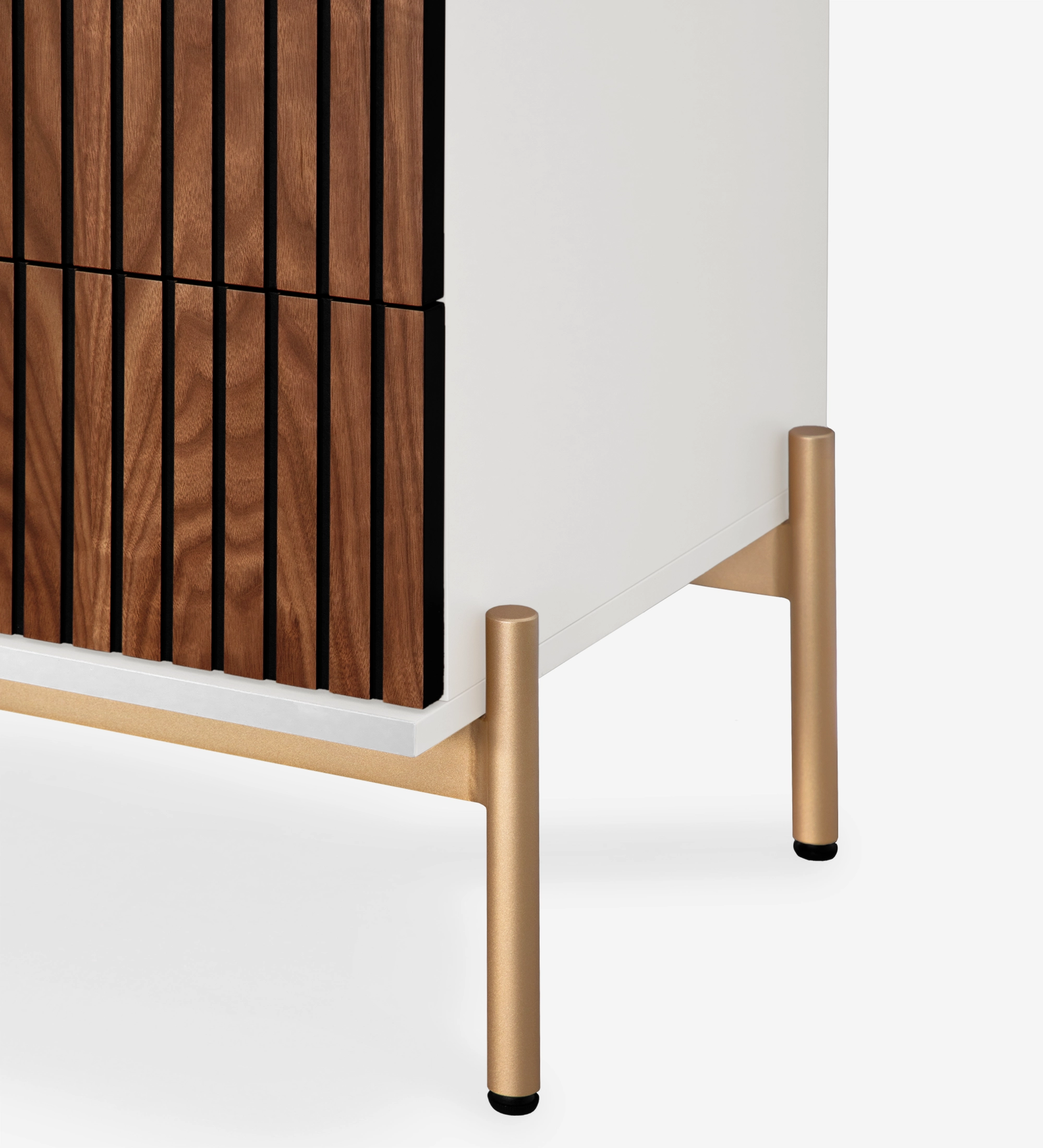 Cannes Dresser corner with vertical walnut slats, white body and gold metal legs