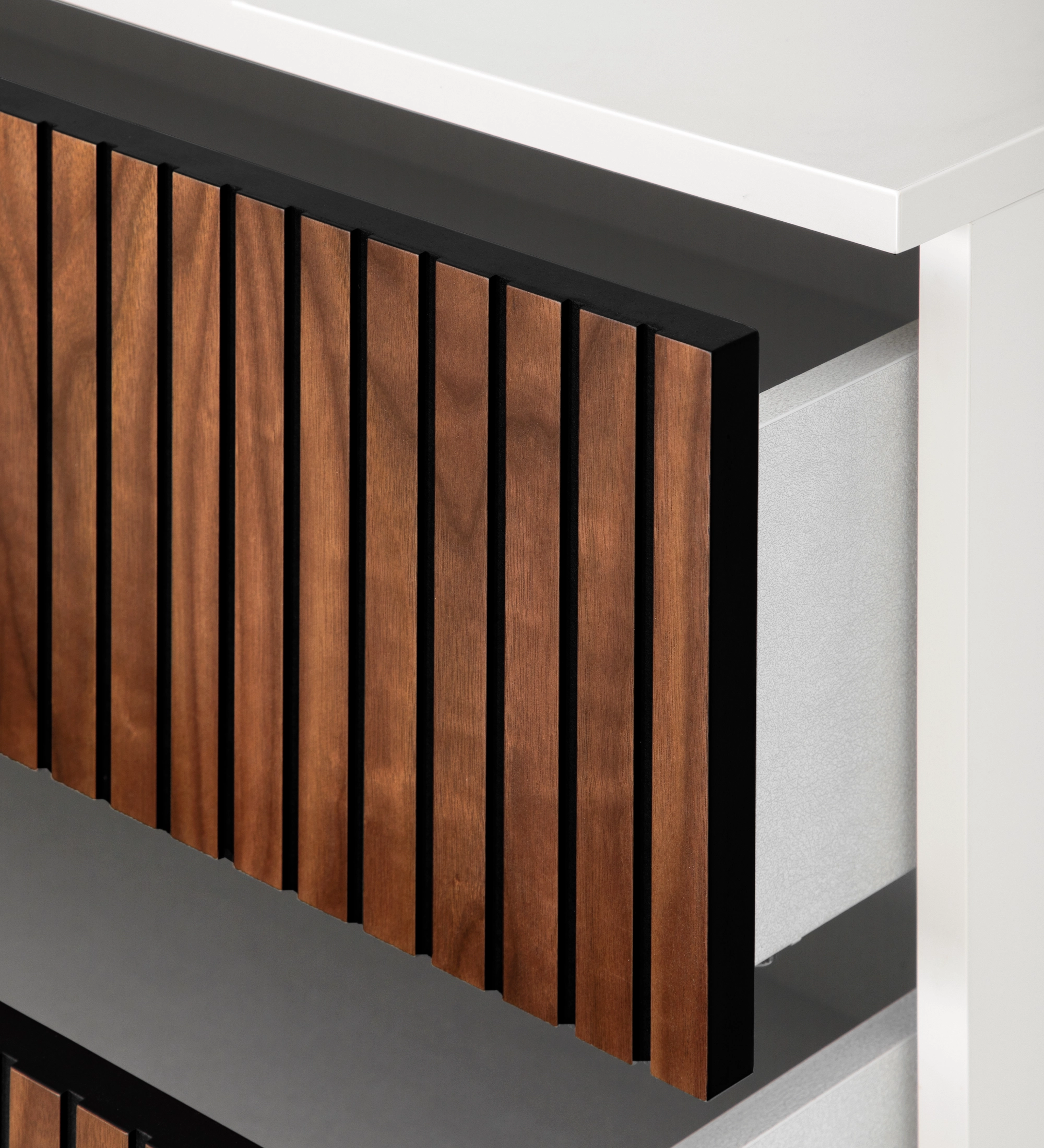 Cannes Dresser close-up of vertical wooden slatted drawer front and white frame