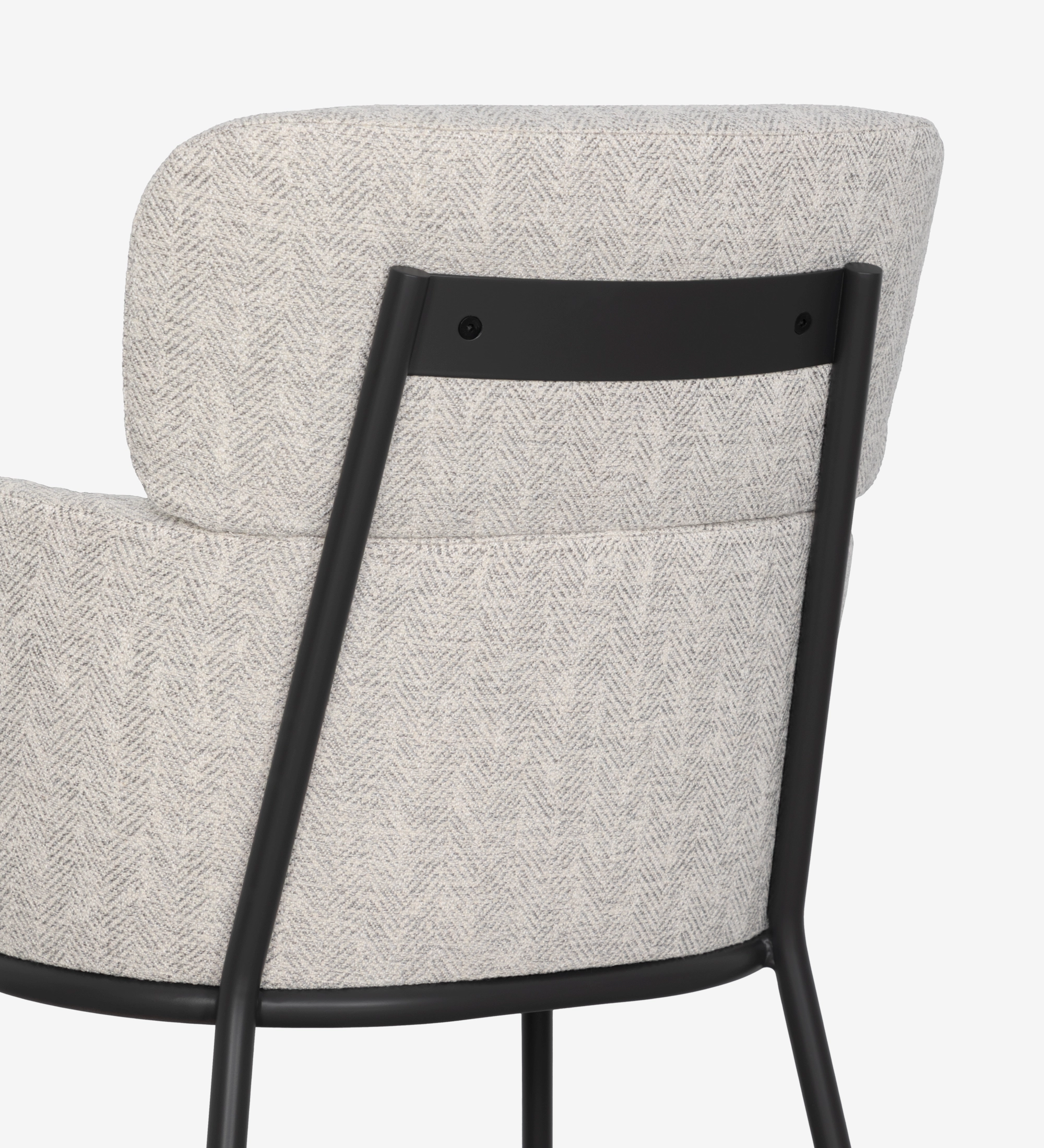 Silla Cannes, respaldo acolchado en tela gris claro con estructura metálica negra