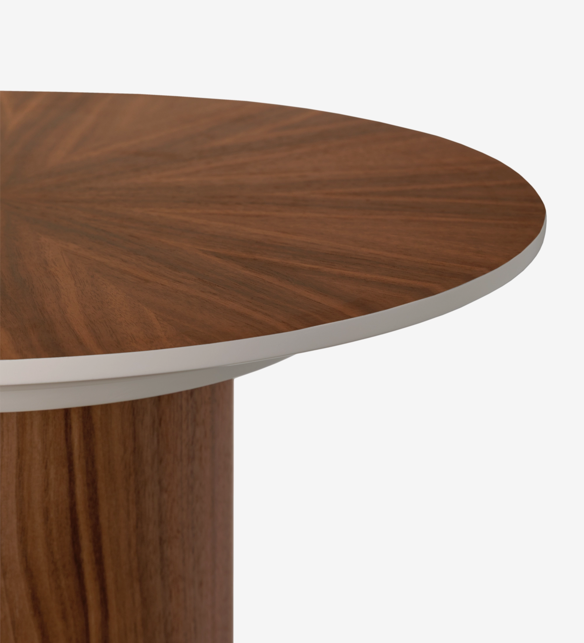 Mesa de Apoio Paris tampo redondo em nogueira com aro branco e base cilíndrica
