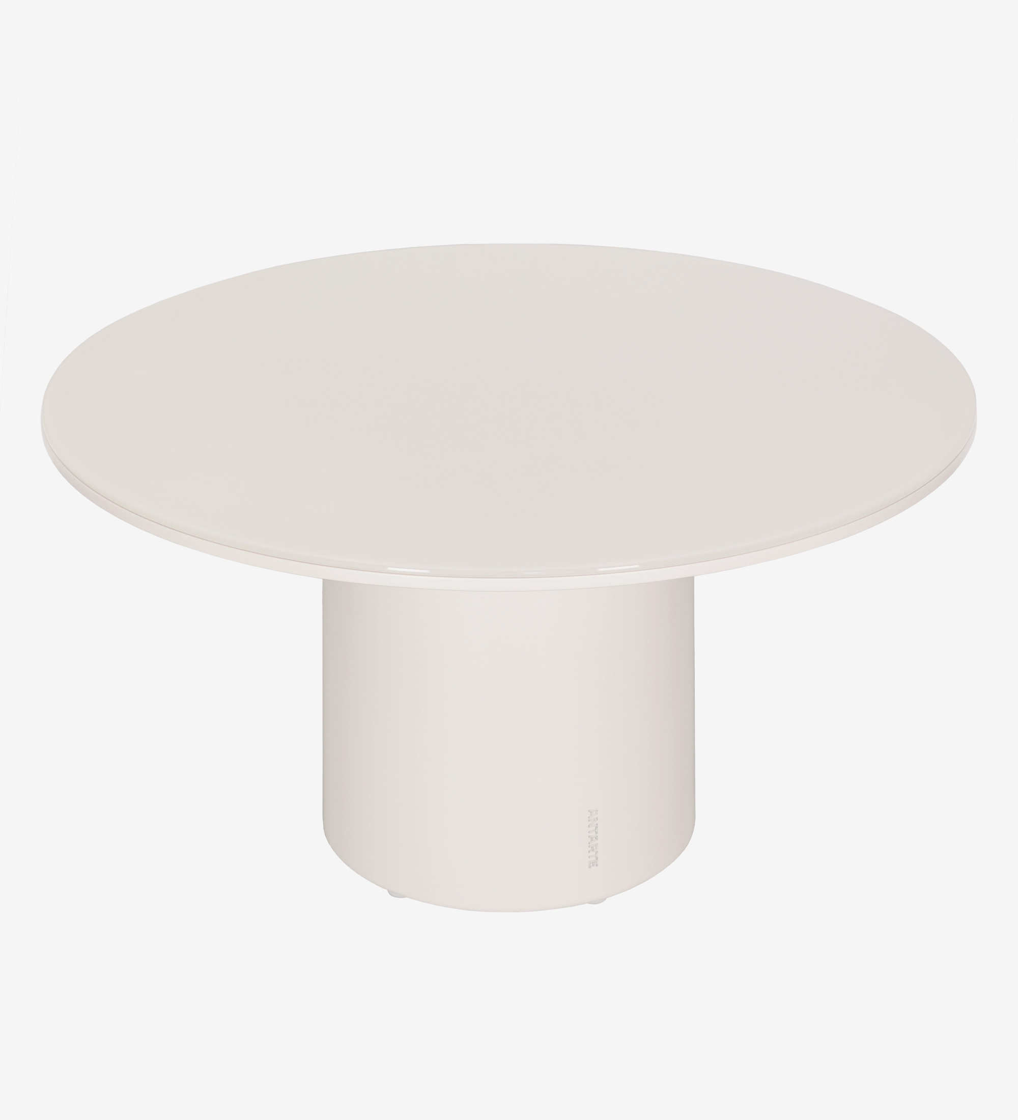 Paris Center Table, round glossy off-white top with cylindrical pedestal base