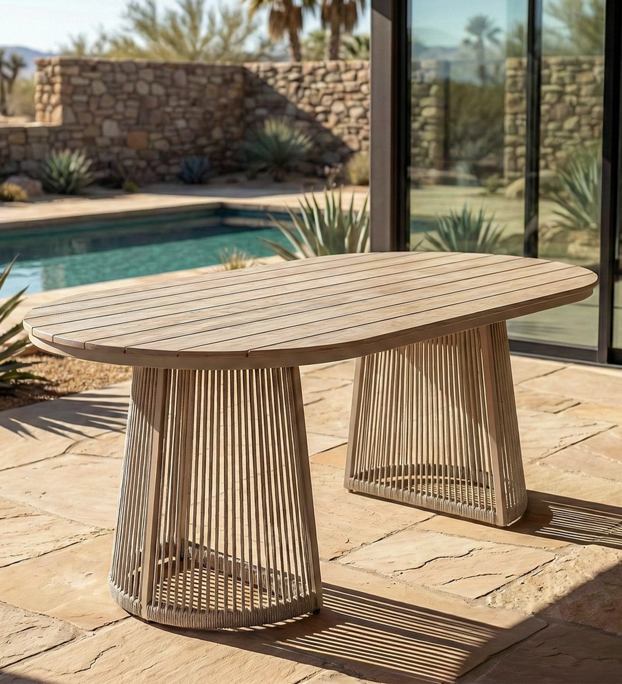 Mesa de Jantar Caminha oval em madeira com bases de varas verticais junto à piscina