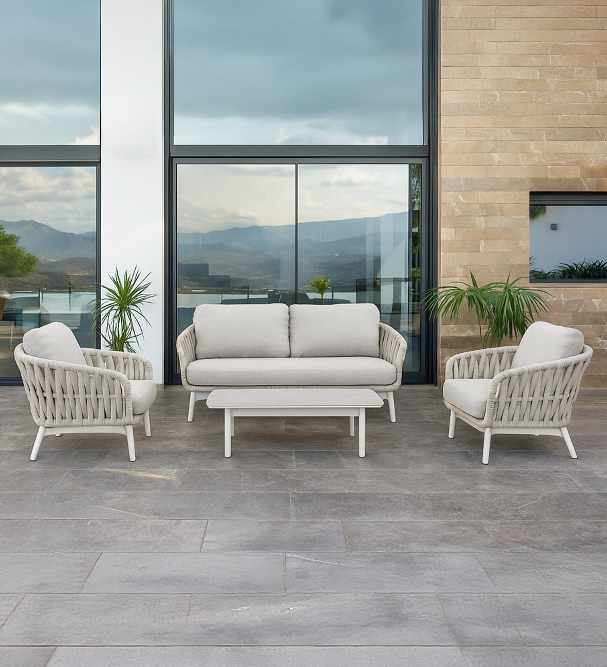 Conjunto Exterior Comporta com sofá de 2 lugares, duas poltronas e mesa baixa