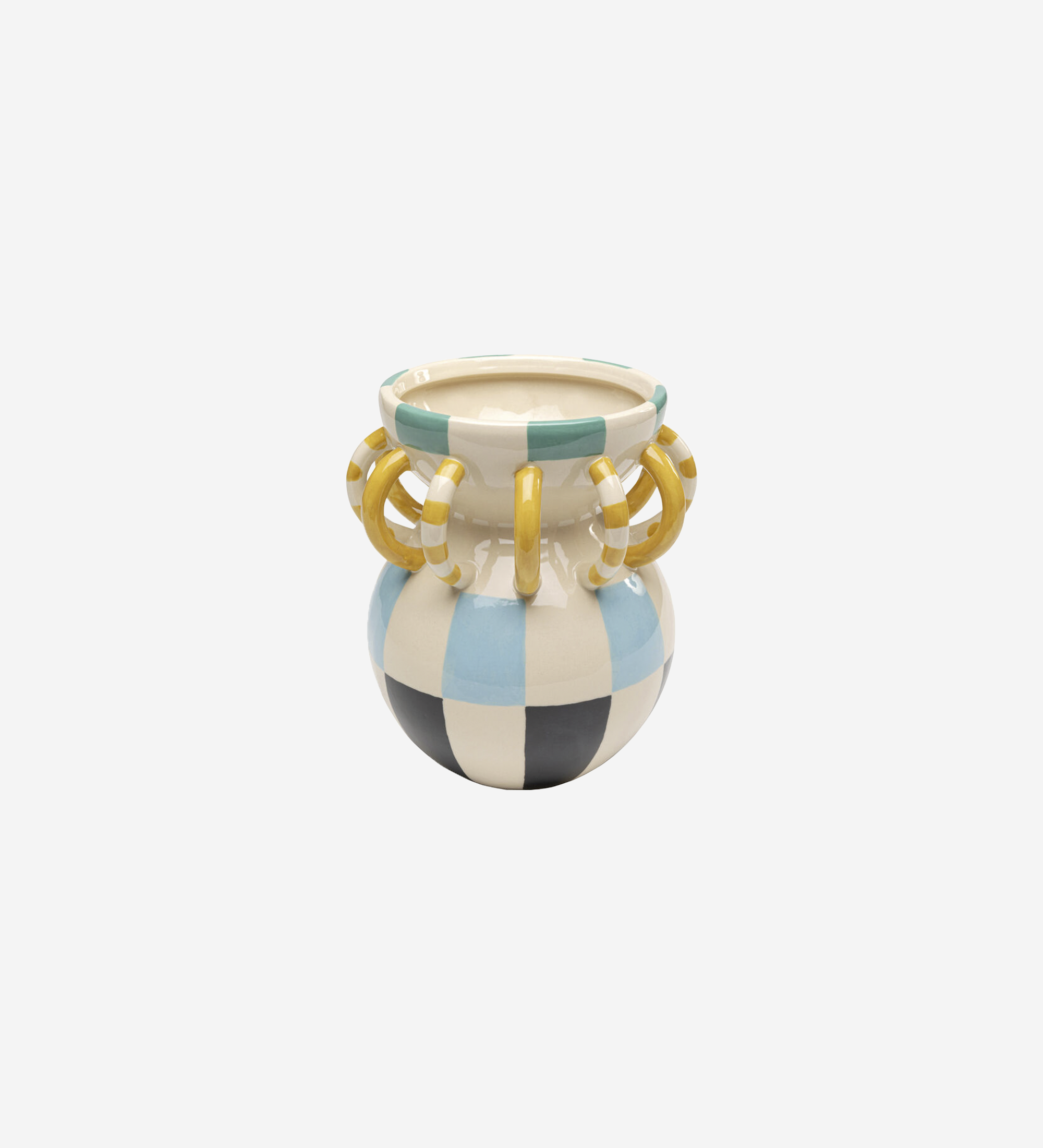Vase Harlequin à carreaux bleu, noir et crème avec anses jaunes en anneaux