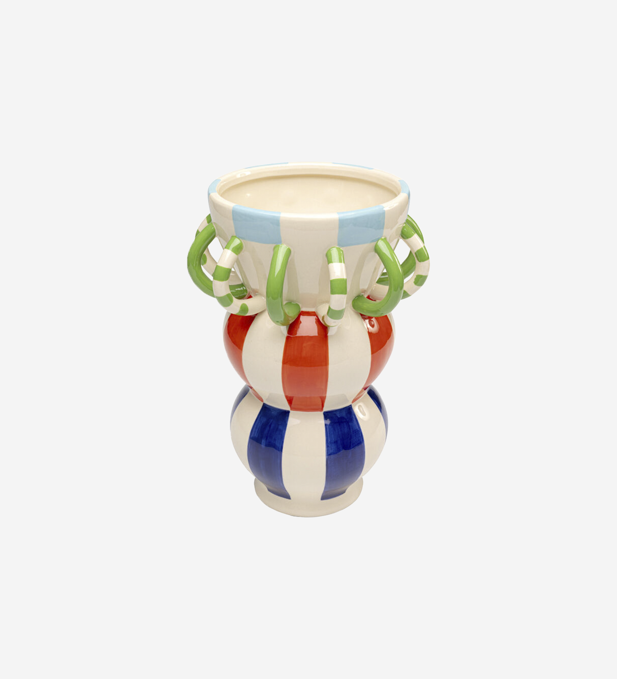 Jarrón Harlequin con asas verdes y franjas verticales rojas y azules