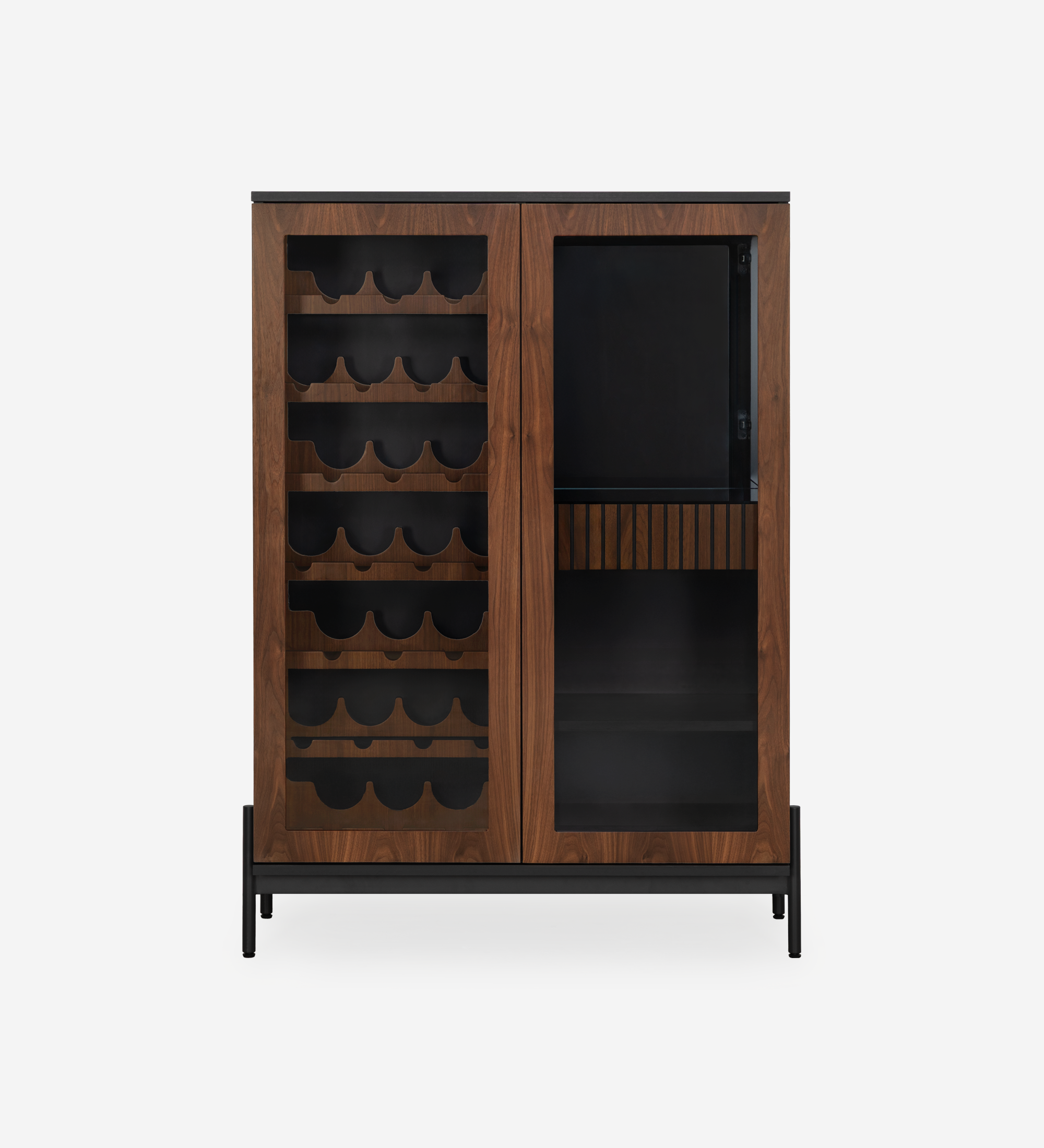 Móvel Garrafeira Cannes em madeira escura com porta de vidro e suporte para garrafas