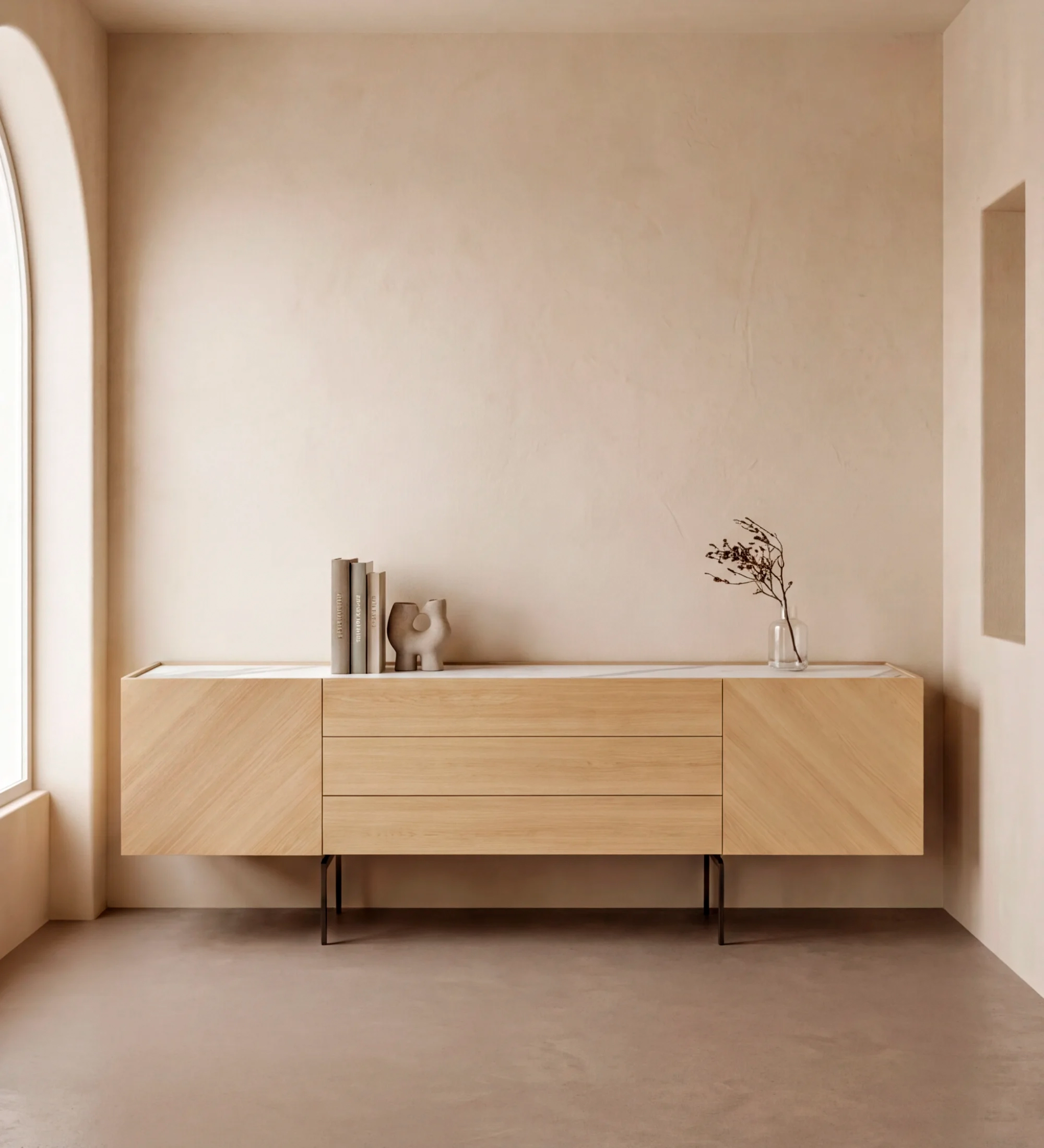 Buffet Lagos en bois clair à trois tiroirs sur pieds métalliques, décor minimal