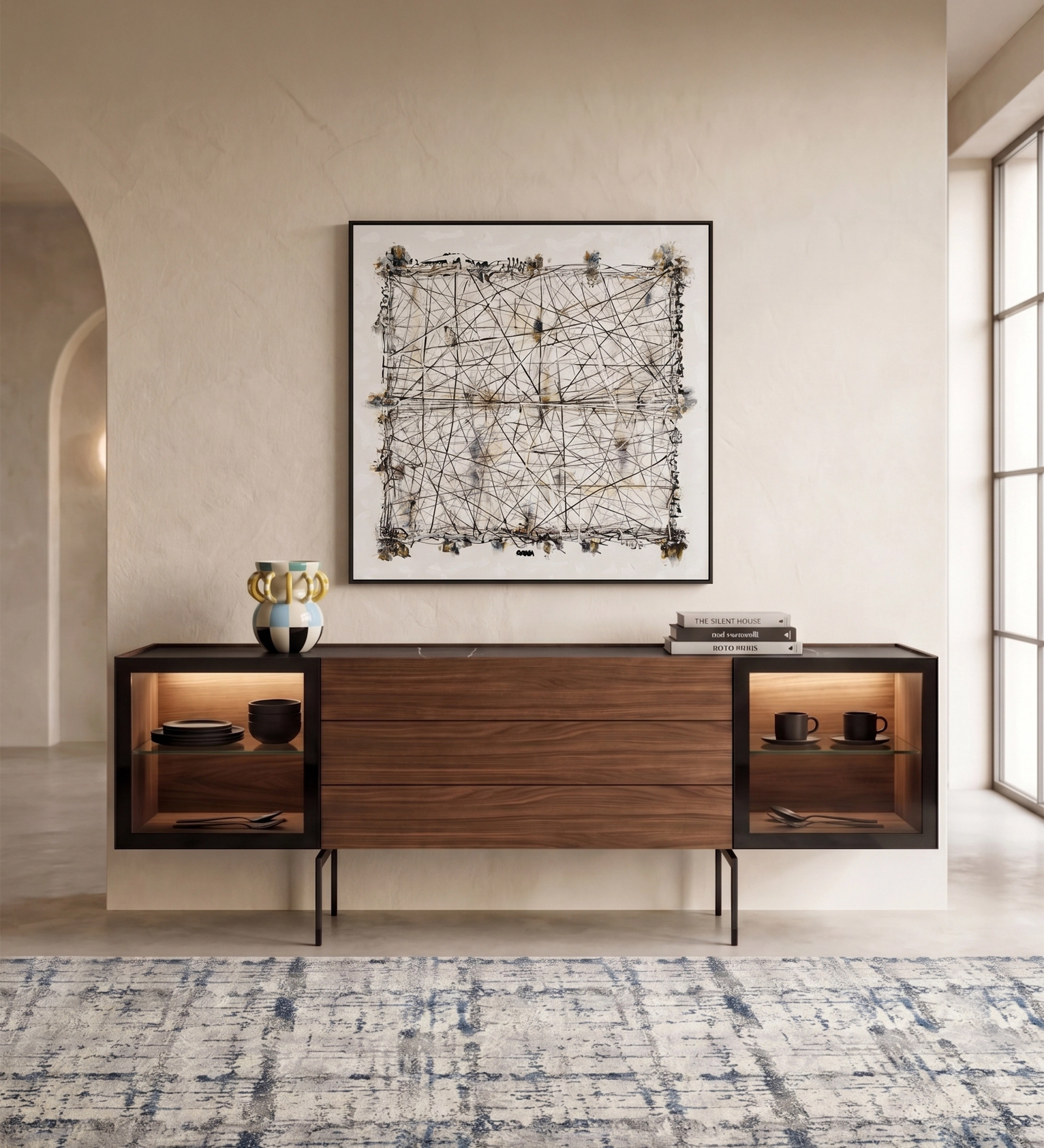 Buffet Lagos en bois avec portes vitrées et étagères, livres, vase, verres et assiettes.